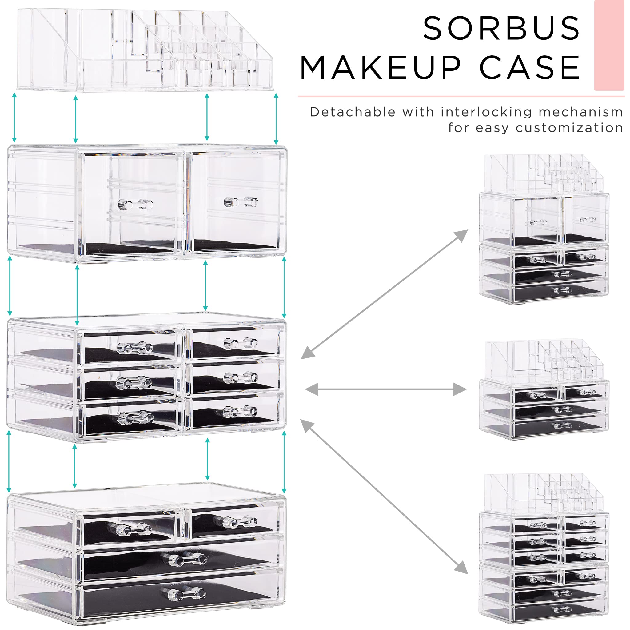 Sorbus Large Clear Stackable Makeup Organizer with 12 Drawers - Jewelry & Cosmetic Storage for Vanity, Bathroom, Dresser - Includes Lipstick & Makeup Brush Holder - Perfect for Beauty Product Organization & Display