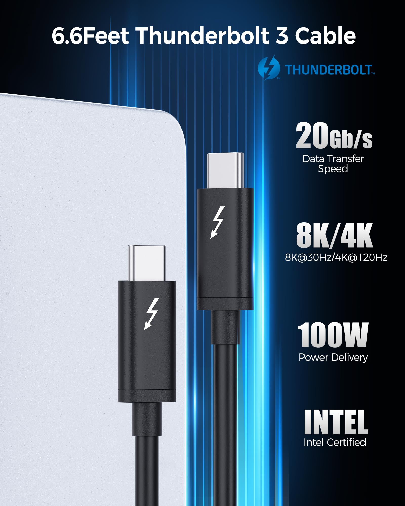 Intel Certified 20Gbps Thunderbolt 3 Cable 6.6ft - USB-C Fast Charging & 8K Video Support | 100W Power Delivery & High-Speed Data Transfer | Ideal for MacBook Pro, Dell XPS & Gaming Laptops (Black)