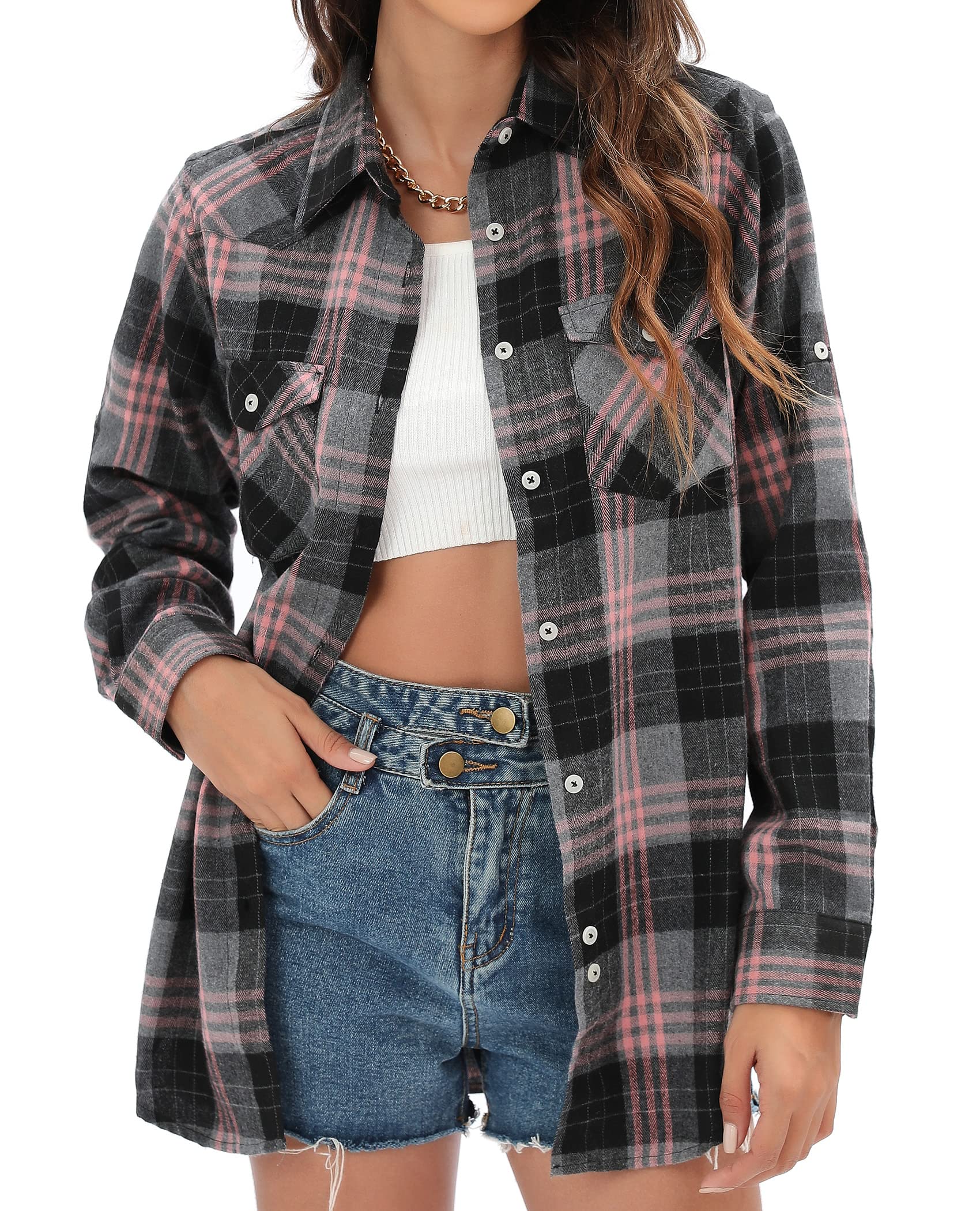 Siliteelon Women's Flannel Plaid Shirt - Long Sleeve Button Down Cotton Top | Casual Boyfriend Style with Roll-Up Cuffs | Perfect for Fall Outfits, Layering & Outdoor Activities