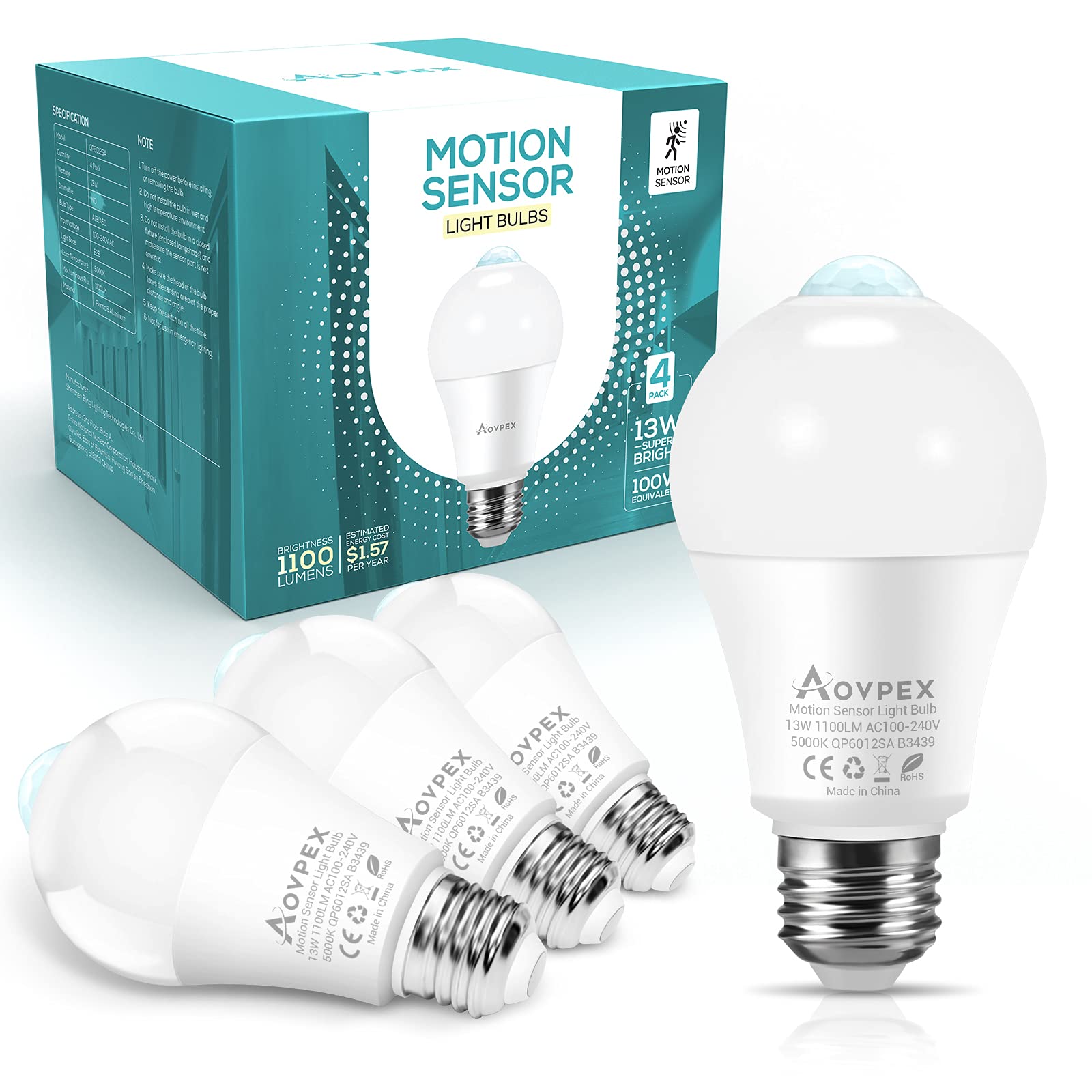 13W (120W Equivalent) Motion Sensor LED Light Bulbs - A19 E26 Base 5000K Cool White - Indoor/Outdoor Security Lighting for Porch, Garage, Basement, Hallway (4-Pack) - Energy Saving & Automatic Dusk to Dawn Activation