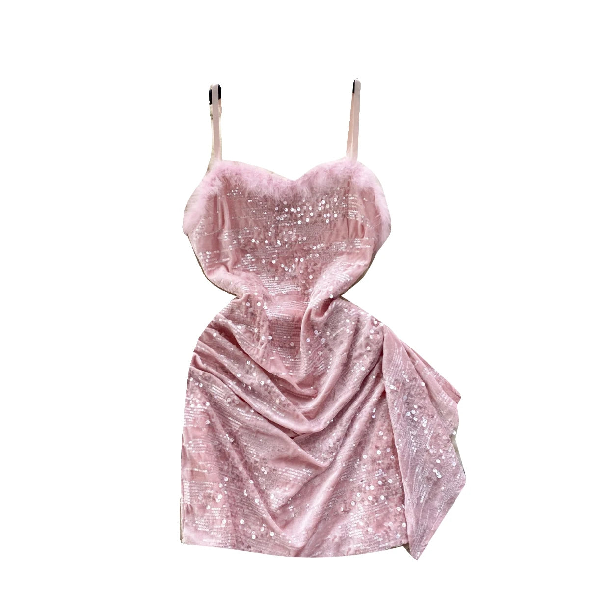 Sexy Beige Sequins Furry Slip Dress for Women - Off Shoulder Backless Mini Dress for Club, Party & Birthday - Fashion Slim Fit Autumn Dress (Also Available in Black & Pink) - Perfect for Night Out, Date Night and Special Occasions