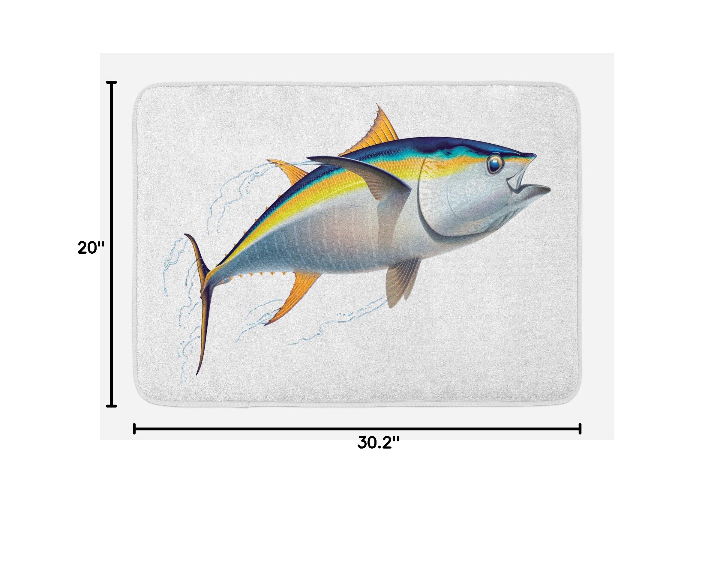 Ambesonne Non-Slip Fish Bath Mat - Realistic Yellowfin Tuna Design with Water Details, Plush Bathroom Rug 30.2 x 20 Inches in Earth Yellow & Blue - Perfect for Coastal, Nautical or Beach Themed Bathrooms
