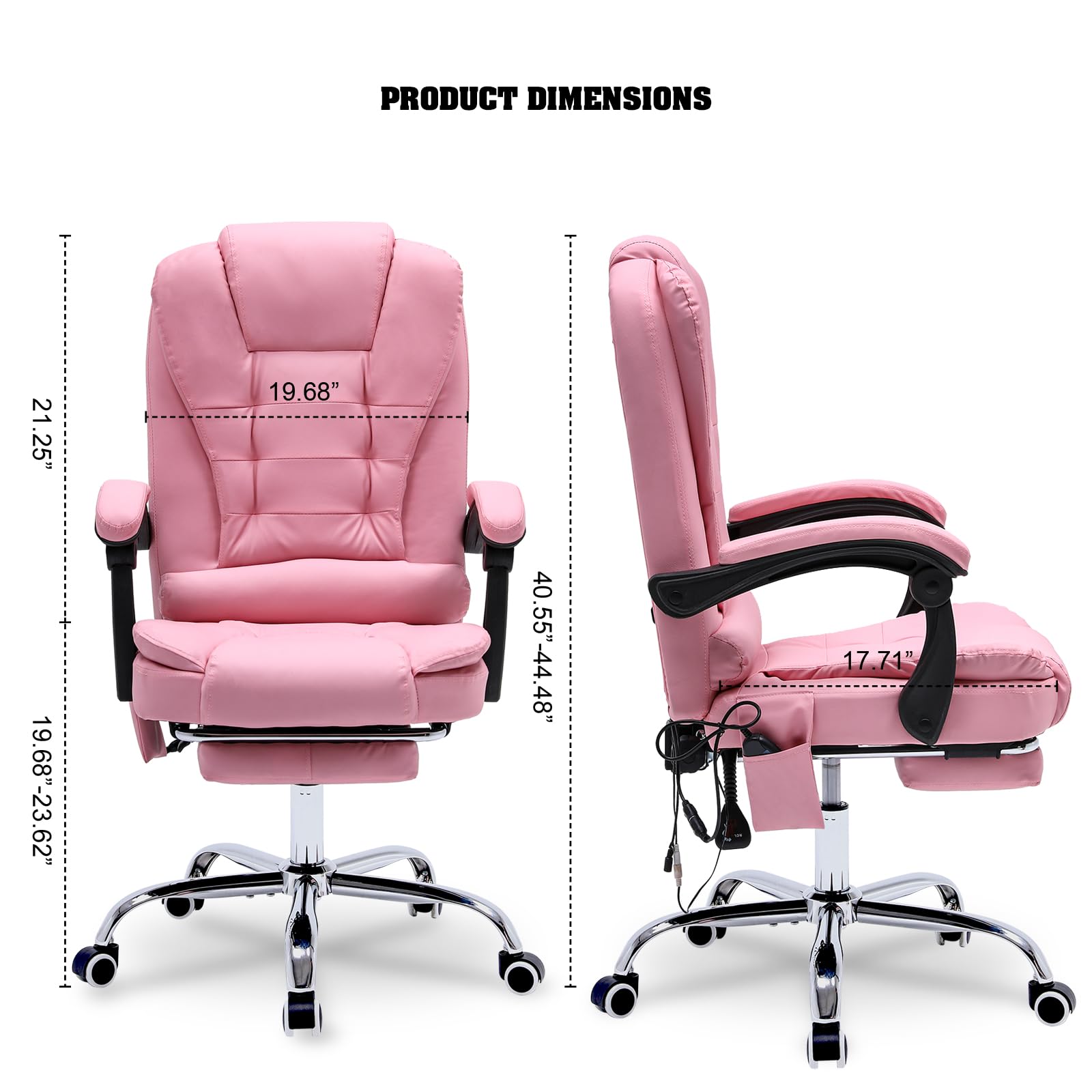 Ergonomic Reclining Office Chair with Massage & Heat - PU Leather Executive Computer Chair with Footrest, Padded Armrest & High Back Support - Swivel Recliner for Home Office, Study & Gaming (Pink) - Perfect for Long Work Hours, Relaxation & Productivity