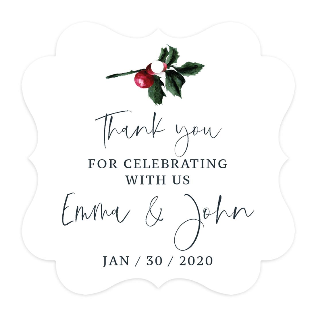 Andaz Press Winter Snowy Woodland Forest Watercolor Wedding Party Gift Tags - Personalized Custom Name & Date - 24-Pack Thank You Tags for Wedding Favors, Bridal Shower, Christmas Party Decorations