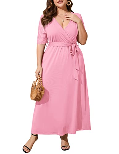 ShopWonder Plus Size Summer Dress for Women - Wrap V-Neck Formal Lace Maxi Dress with Short Sleeves | Wedding Guest, Cocktail Party, Beach Vacation & Special Occasion Outfit