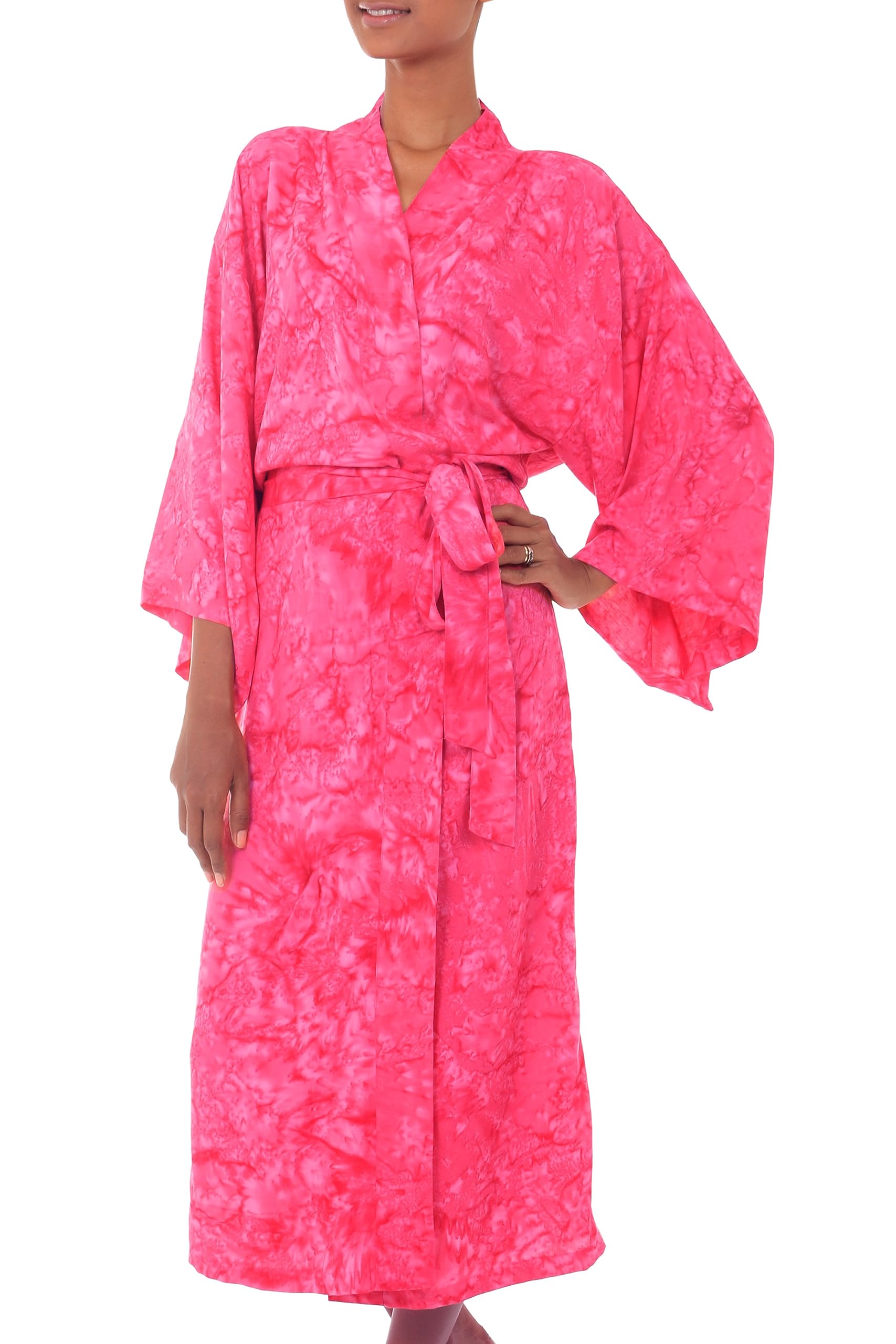 NOVICA Handmade Batik Robe for Women - Indonesian Artisan Rayon Kimono with Red Pink Yarrow 'Crimson Destiny' Pattern | Perfect for Spa, Beach Cover-Up & Boho Fashion