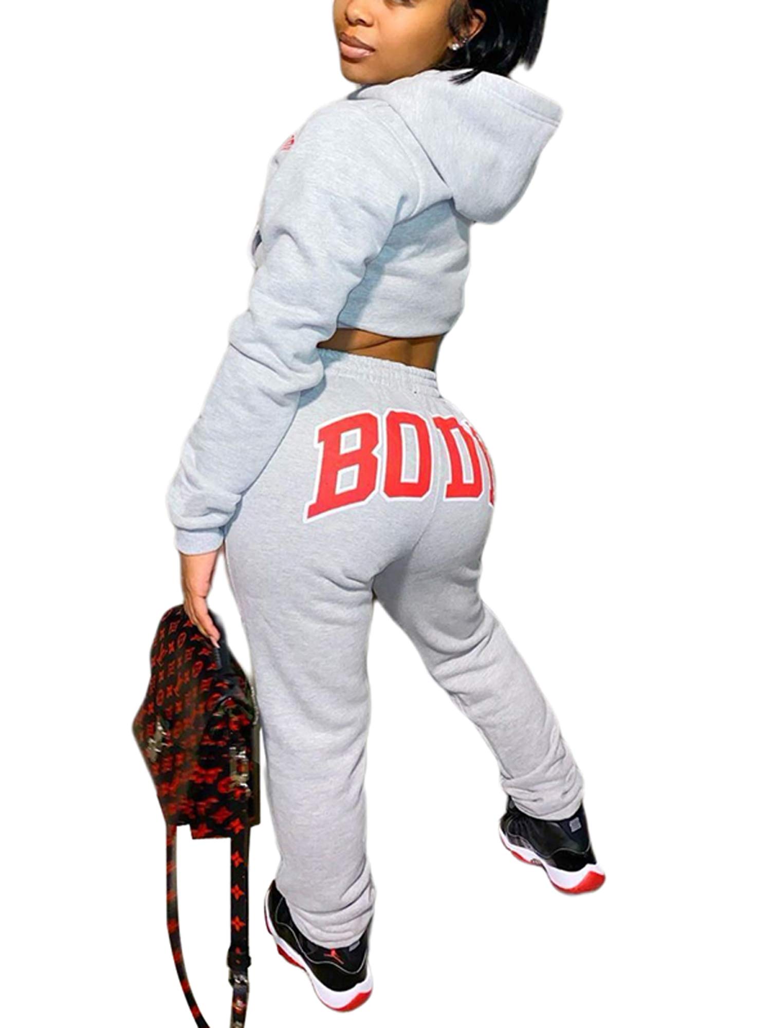 2 Pcs Women's Letter Print Hooded Crop Top & Trousers Set - Long Sleeve Winter Outfit with Front Pocket | Casual Streetwear for Fall & Winter Fashion