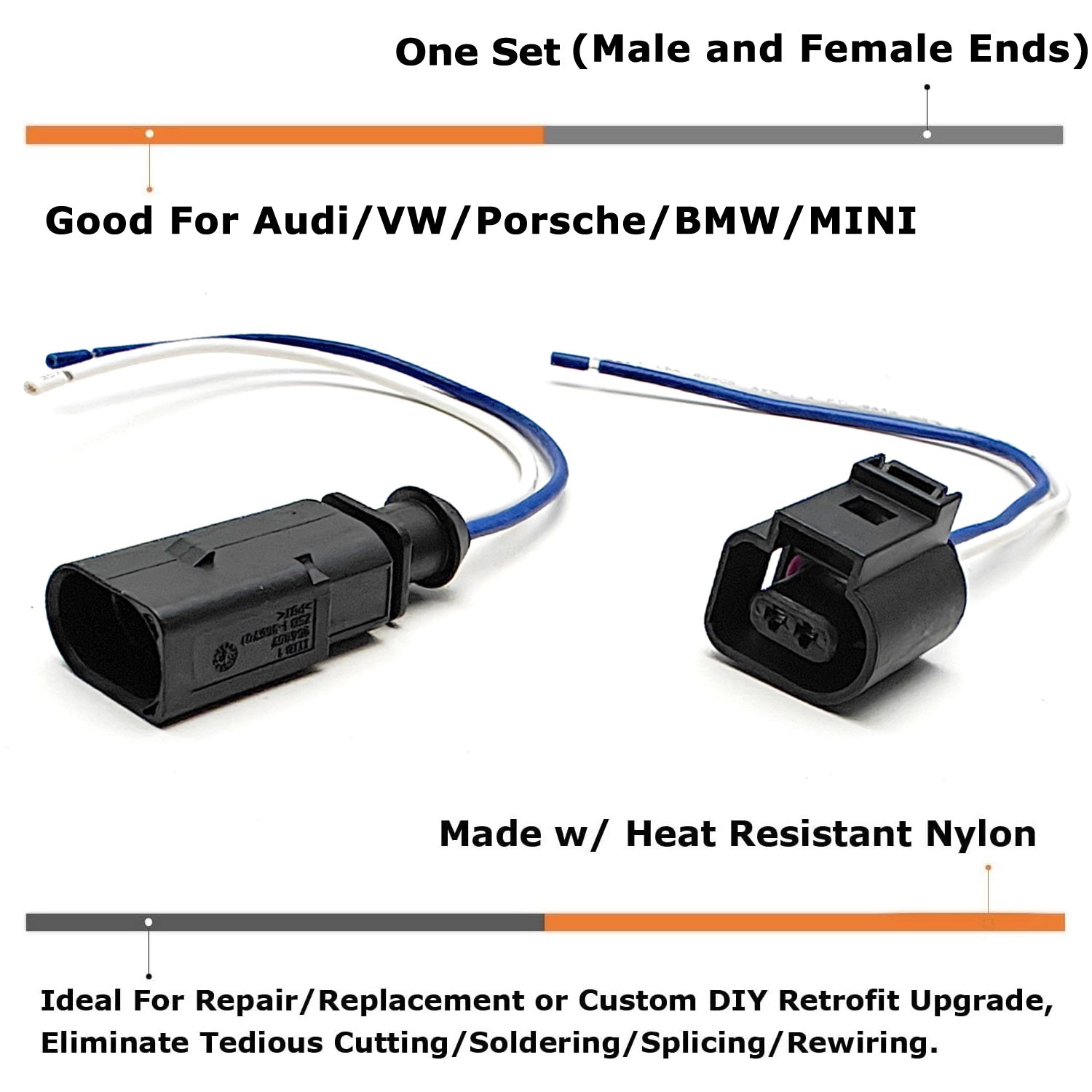 2 Way Male/Female Electrical Connectors with Pigtails - Compatible with Audi, VW, BMW, Mini Lighting Retrofit - Perfect for Car Headlight, Fog Light, and Interior LED Upgrades