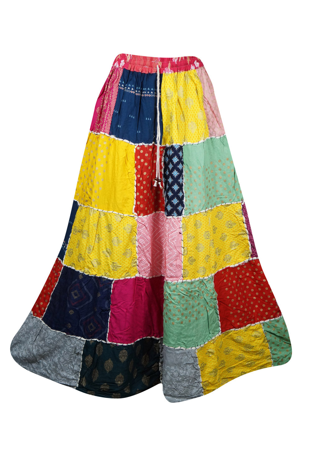 Women's Yellow Patchwork Maxi Skirt - Boho Hippie Beach Skirt for Summer, Size S/M - Perfect for Vacations, Music Festivals & Casual Outings