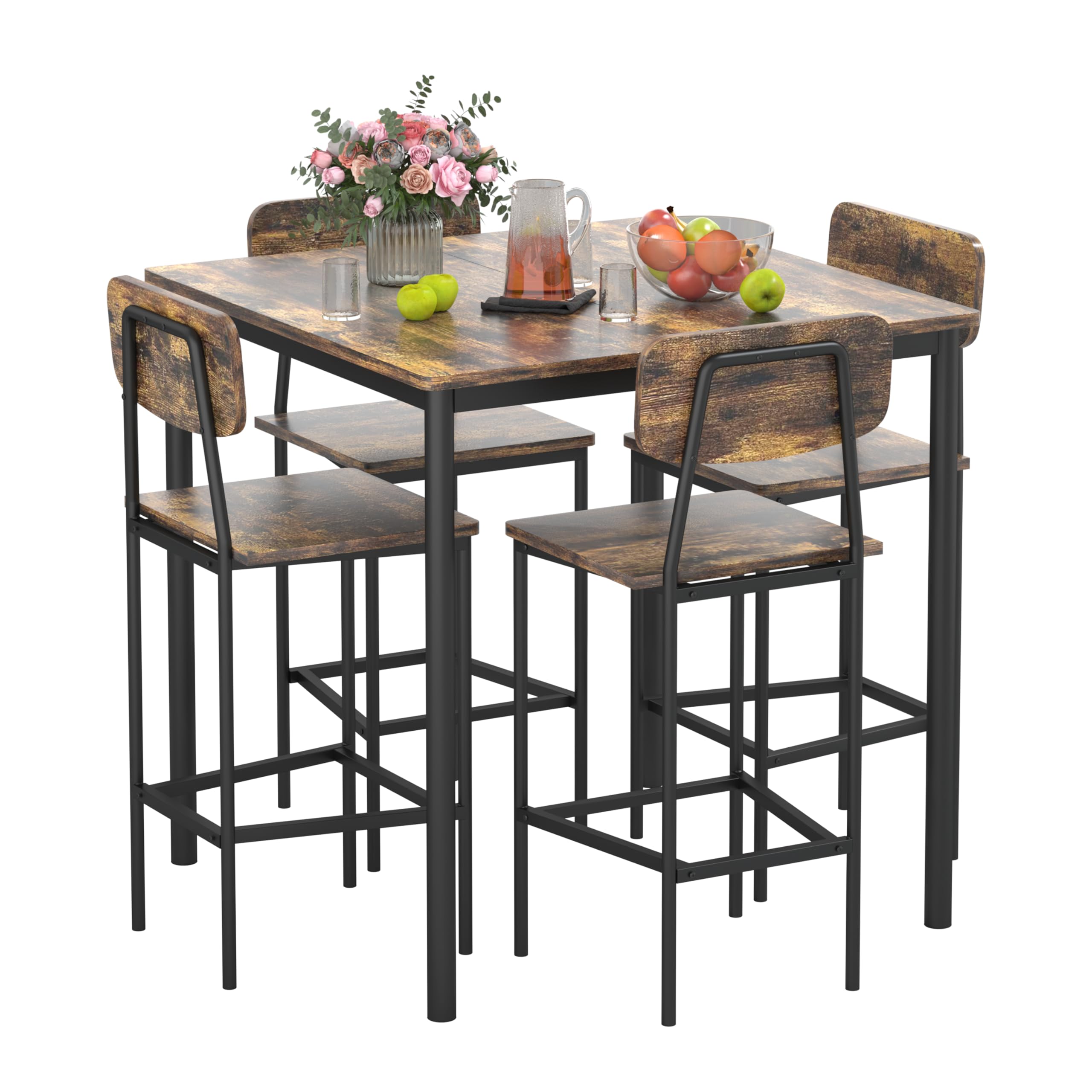4-Piece Industrial Dining Table Set with Space-Saving Design - Rustic Brown Kitchen Table & Chairs for Family Dinners, Parties & Small Spaces | Perfect for Apartments, Breakfast Nooks & Cozy Gatherings