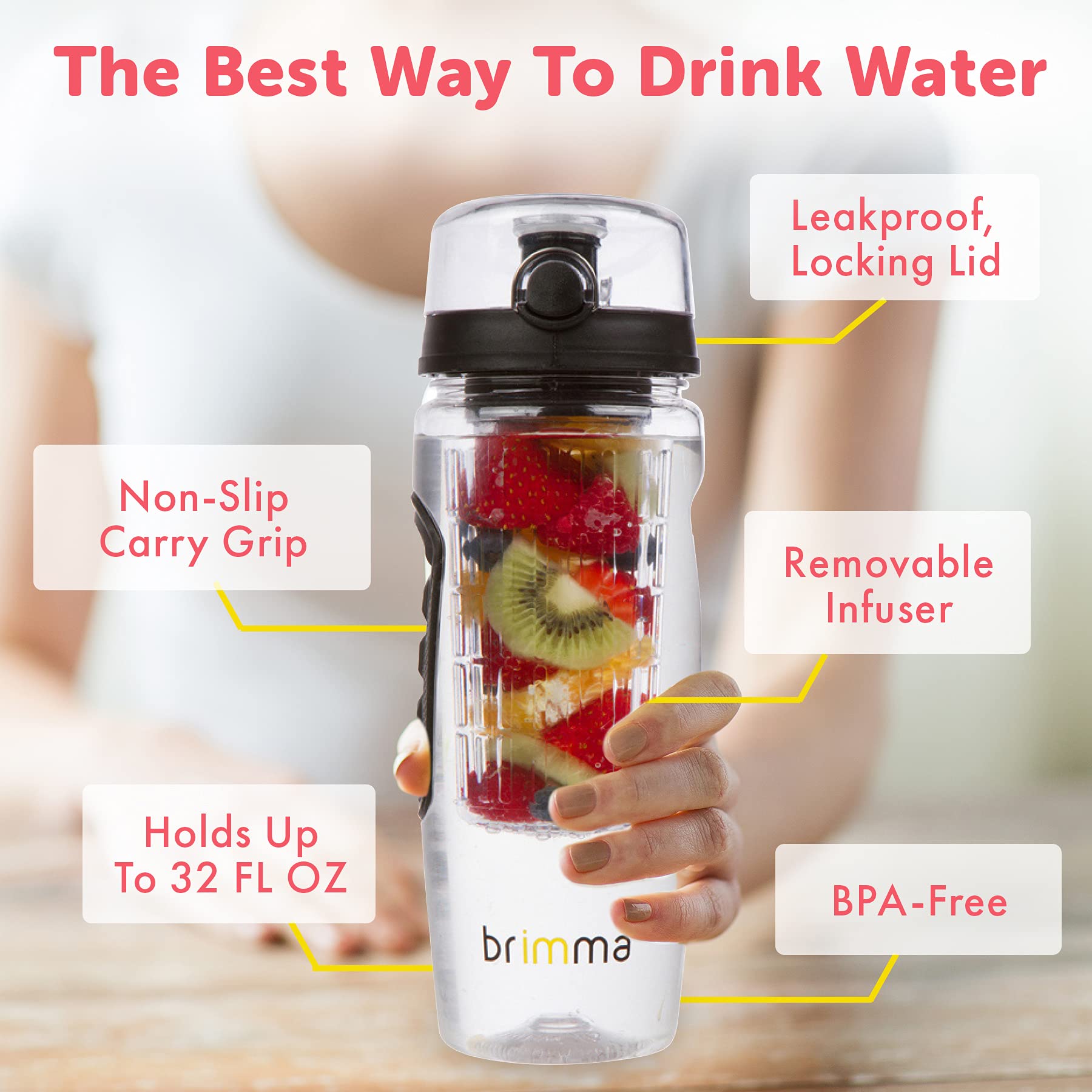 Brimma 32 oz Leakproof Fruit Infuser Water Bottle - Large Plastic Infusion Bottle for Detox, Gym, Camping & Travel - Perfect for Hydration, Weight Loss & Healthy Lifestyle