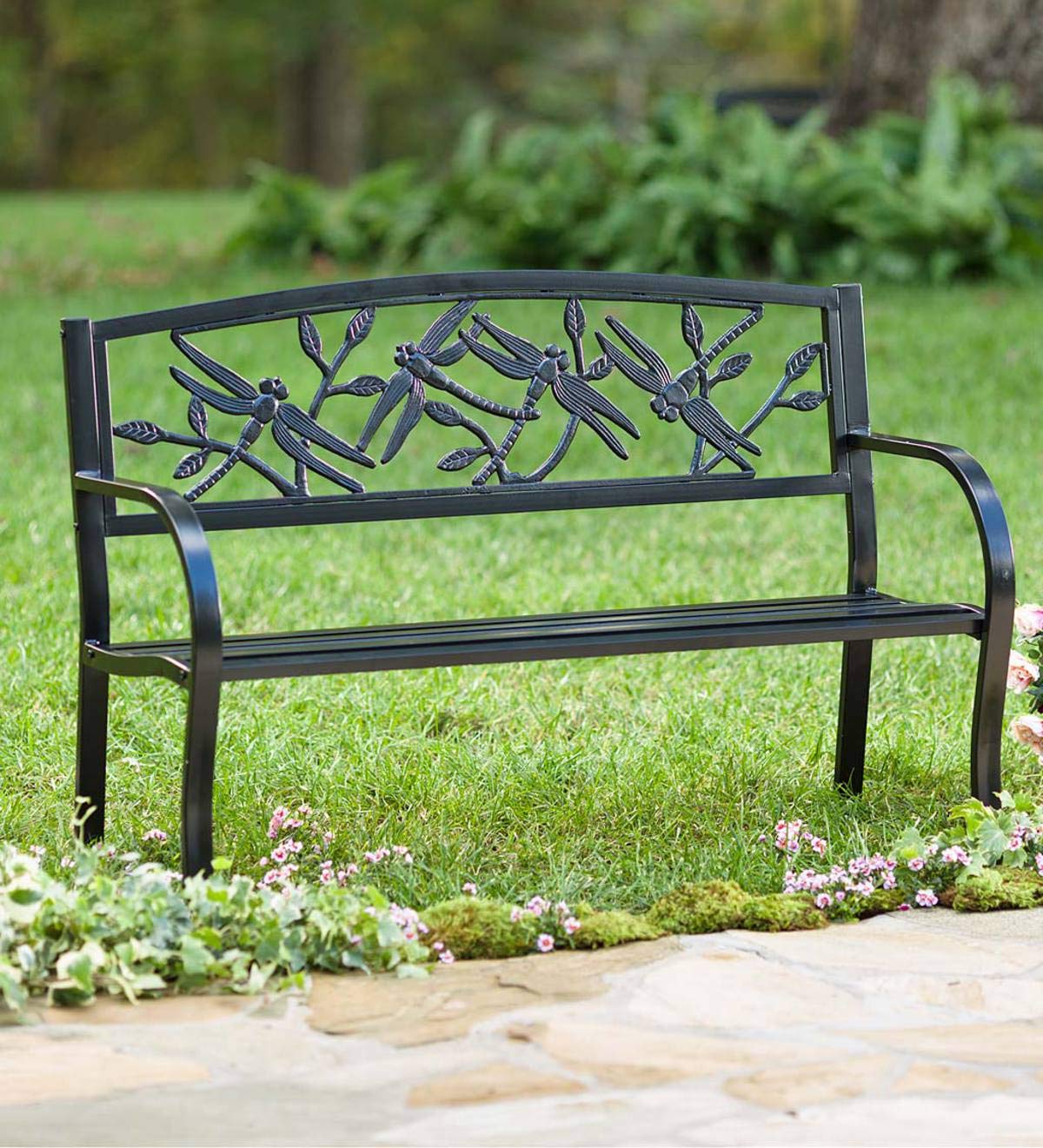 Weatherproof Dragonfly Outdoor Bench - Heavy Duty 400 lb Capacity - Metal Garden Patio Porch Park Deck Bench - Black 50