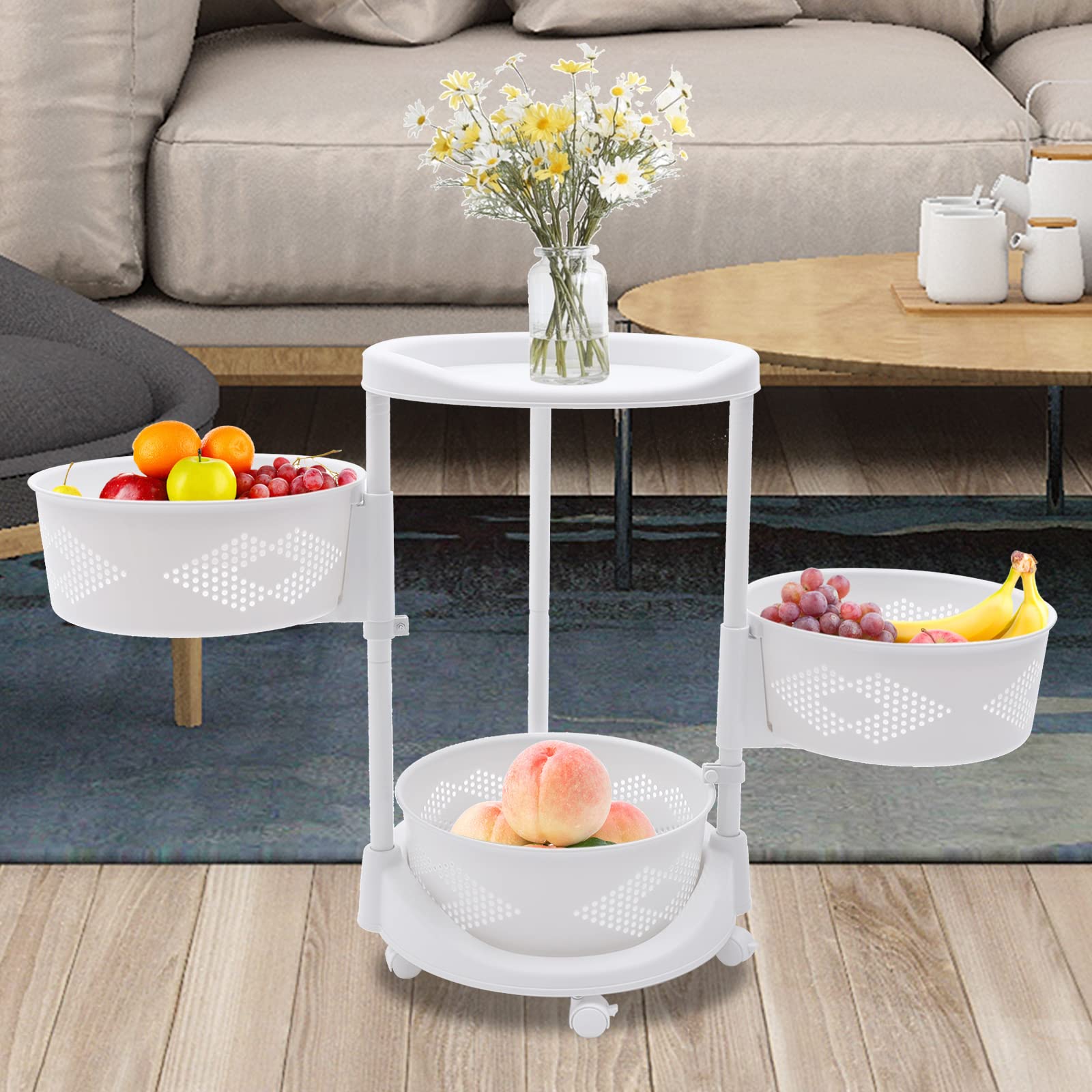 Kaibrite 3-Layer Rotating Kitchen Storage Rack with Wheels, Multi-Layer Revolving Basket Shelf for Kitchen, Bathroom, Laundry Room, Garage, White - Perfect for Organizing Spices, Cleaning Supplies, and Pantry Items