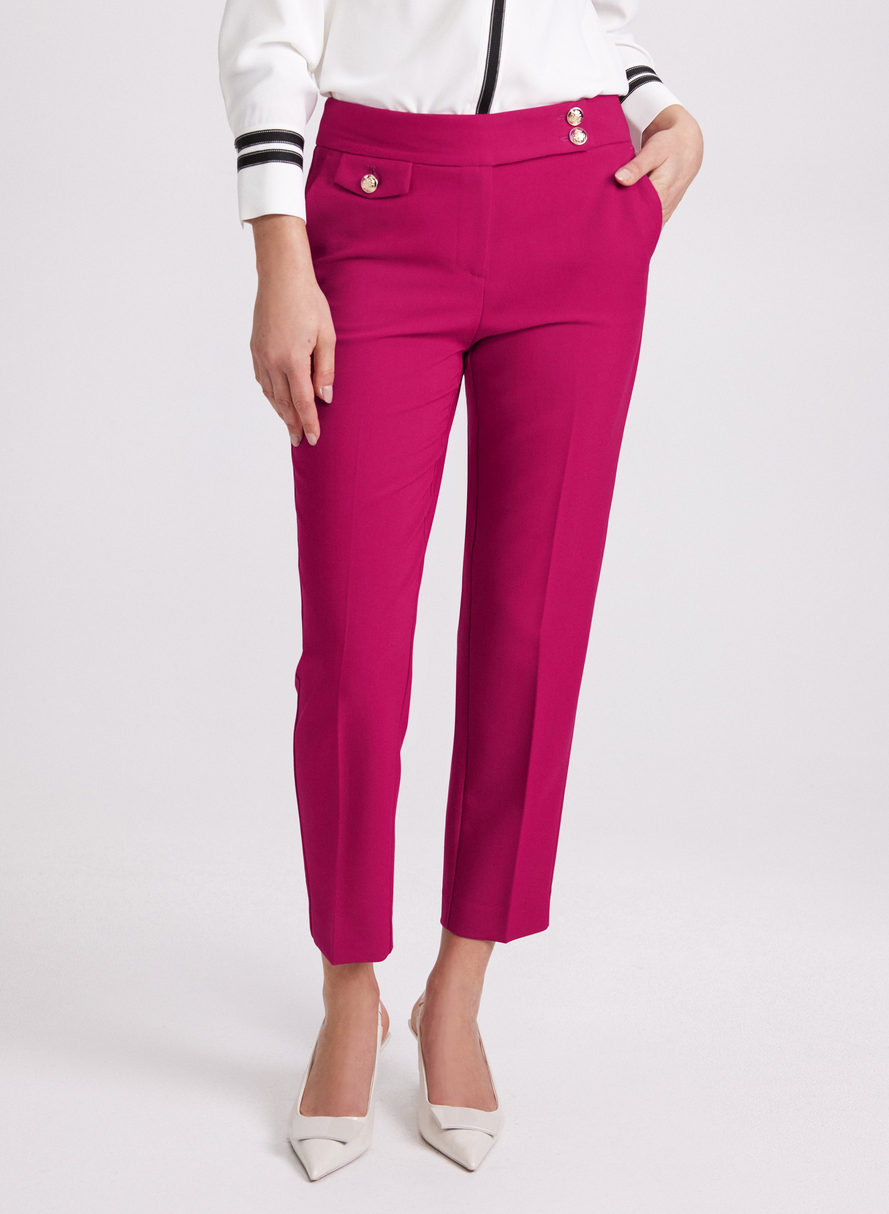 Emma Embossed Button Slim Leg Pants for Women - High Waisted Stretch Office Pants, Business Casual Work Trousers for Professional & Everyday Wear