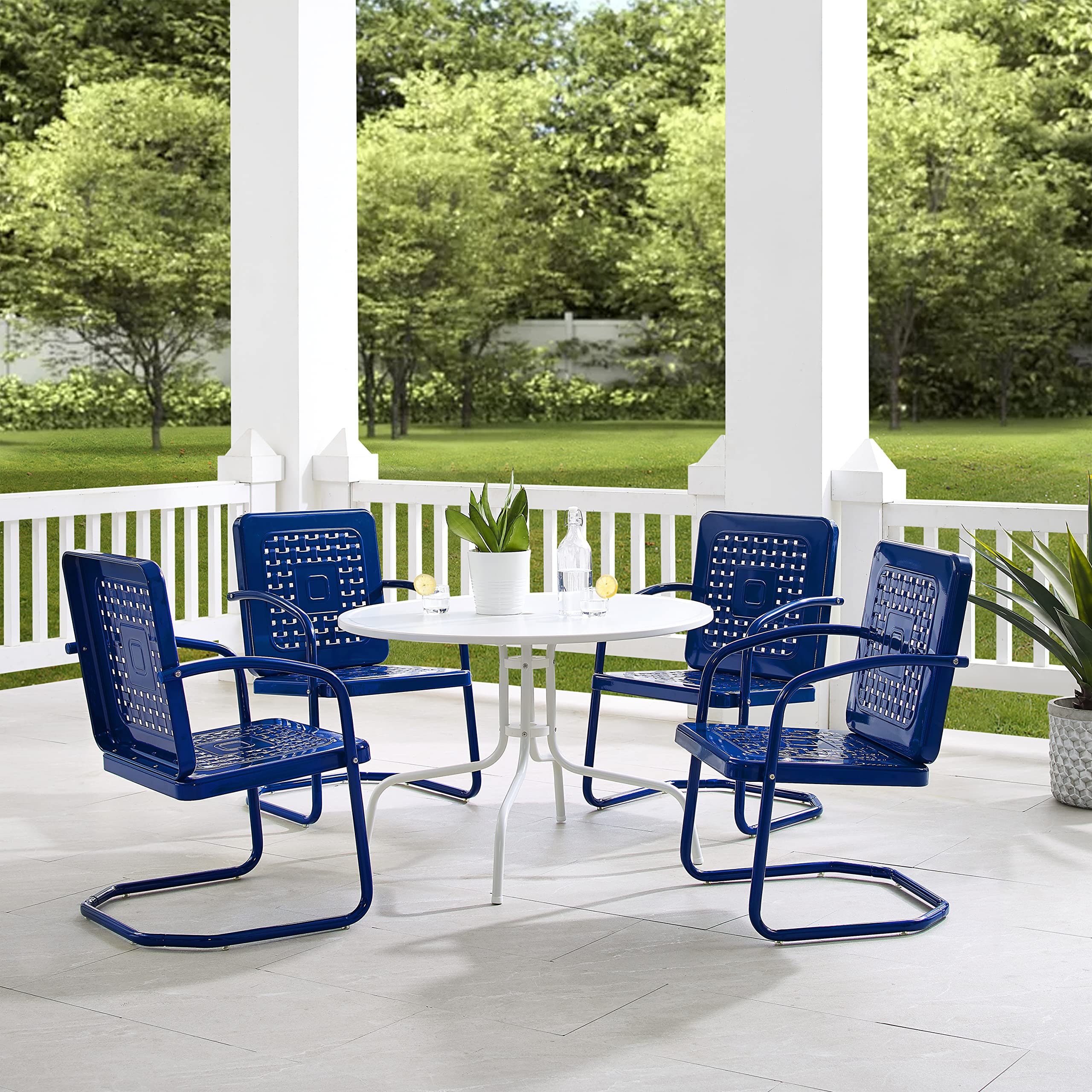 Crosley Bates 5-Piece Outdoor Dining Set - Retro Round Metal Patio Table with 4 Chairs, Navy Gloss Finish - Perfect for Backyard, Deck, Garden & Poolside Dining