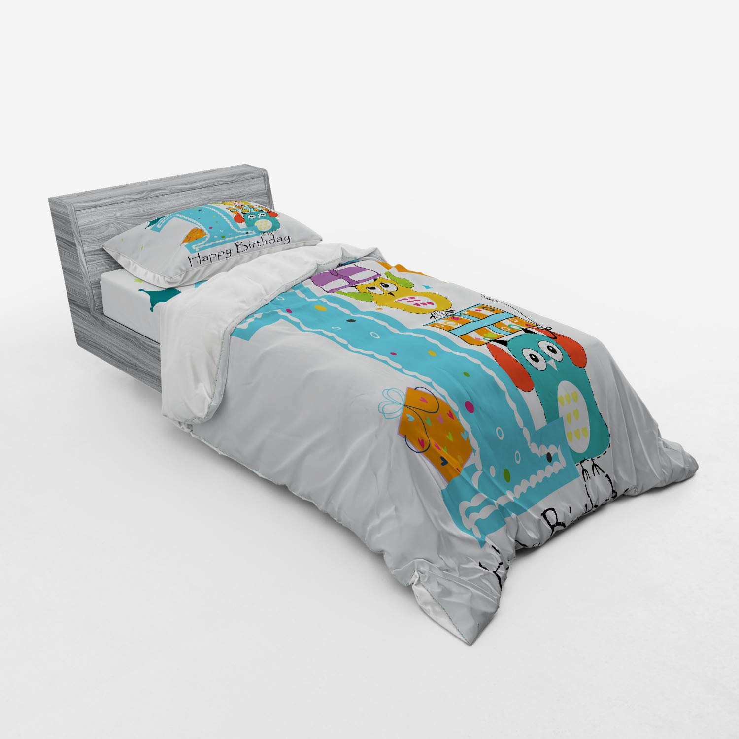 Ambesonne 1st Birthday Bedding Set - Twin Size 3-Piece Duvet Cover with Sham & Fitted Sheet | First Birthday Cake with Candle Owls Family Party Theme Print in Sky Blue, Orange & Green | Perfect for Baby's First Birthday, Nursery Decor & Gift Ideas