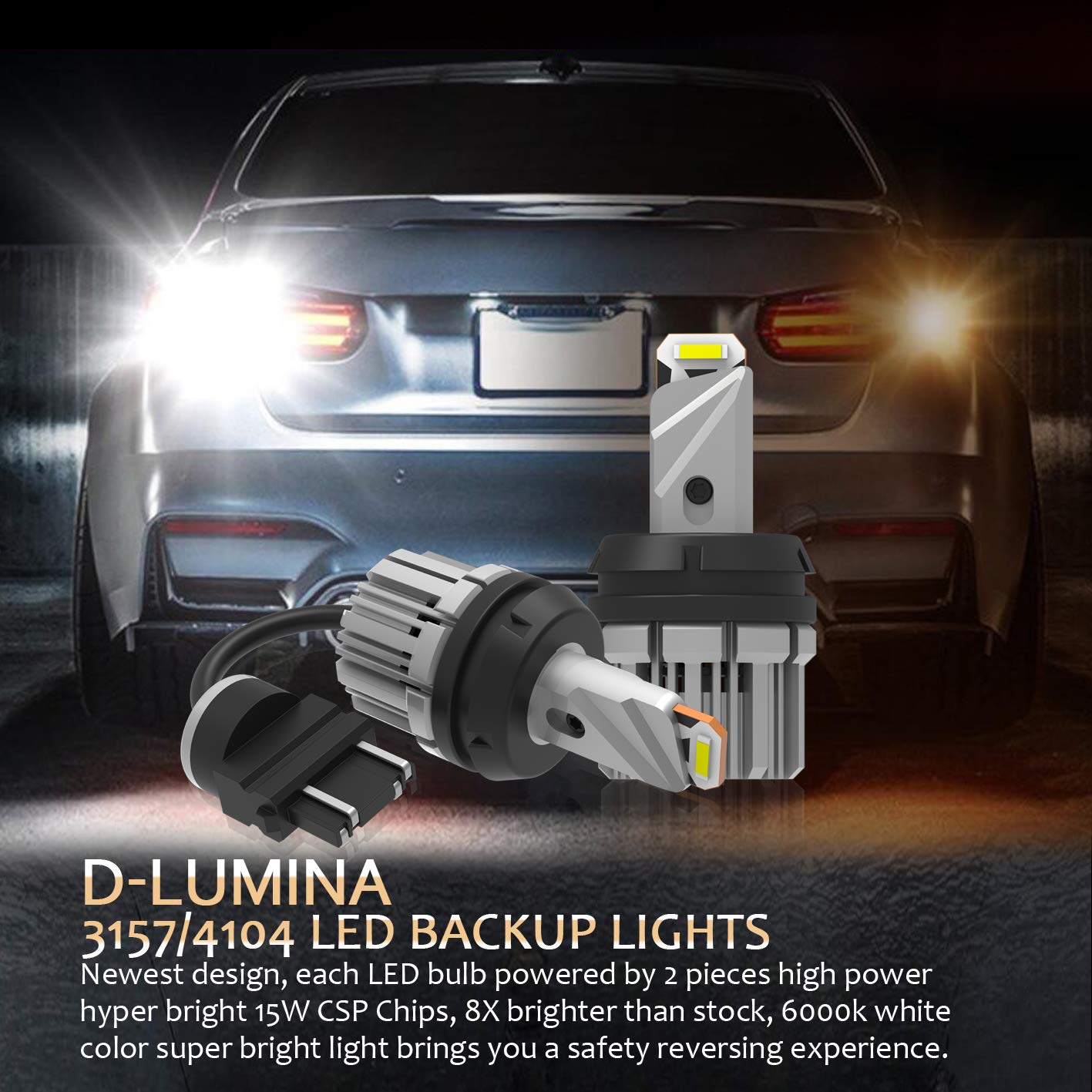 D-Lumina 3156 3157 LED Backup Reverse Light Bulbs - 5600 Lumens, 21W, 2-SMD CSP Chips, 6000K White, Canbus Error Free, Plug & Play - Compatible with 3056 3057 3457 4157 - Perfect for Car & Truck Reverse Lights (Pack of 2)
