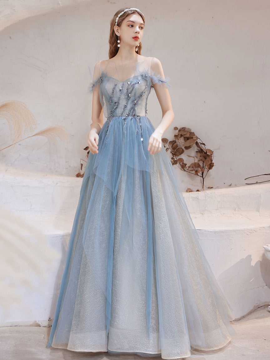 Elegant Blue Tulle Off Shoulder Beaded Long Prom Dress for Women - Formal Evening Gown for Homecoming, Wedding, and Special Occasions
