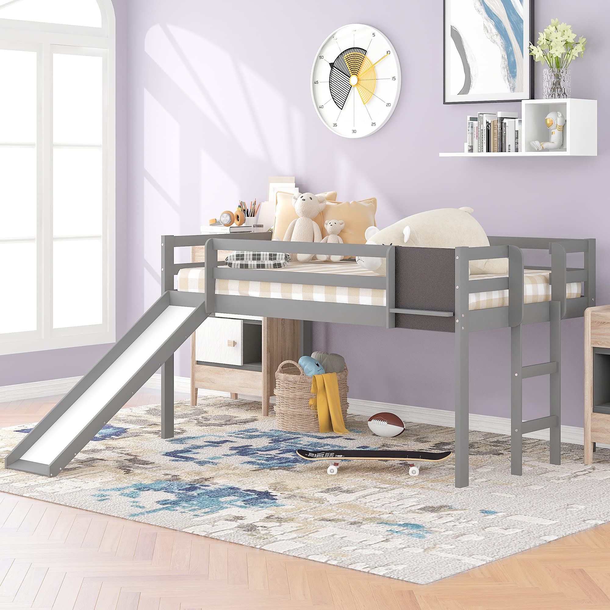 LostCat Twin Loft Bed with Slide & Ladder - Low Height Wooden Loft Bed for Kids (Girls/Boys) - Safety Guardrail Included - No Box Spring Needed - Grey - Perfect for Small Bedrooms, Playrooms & Dorm Rooms