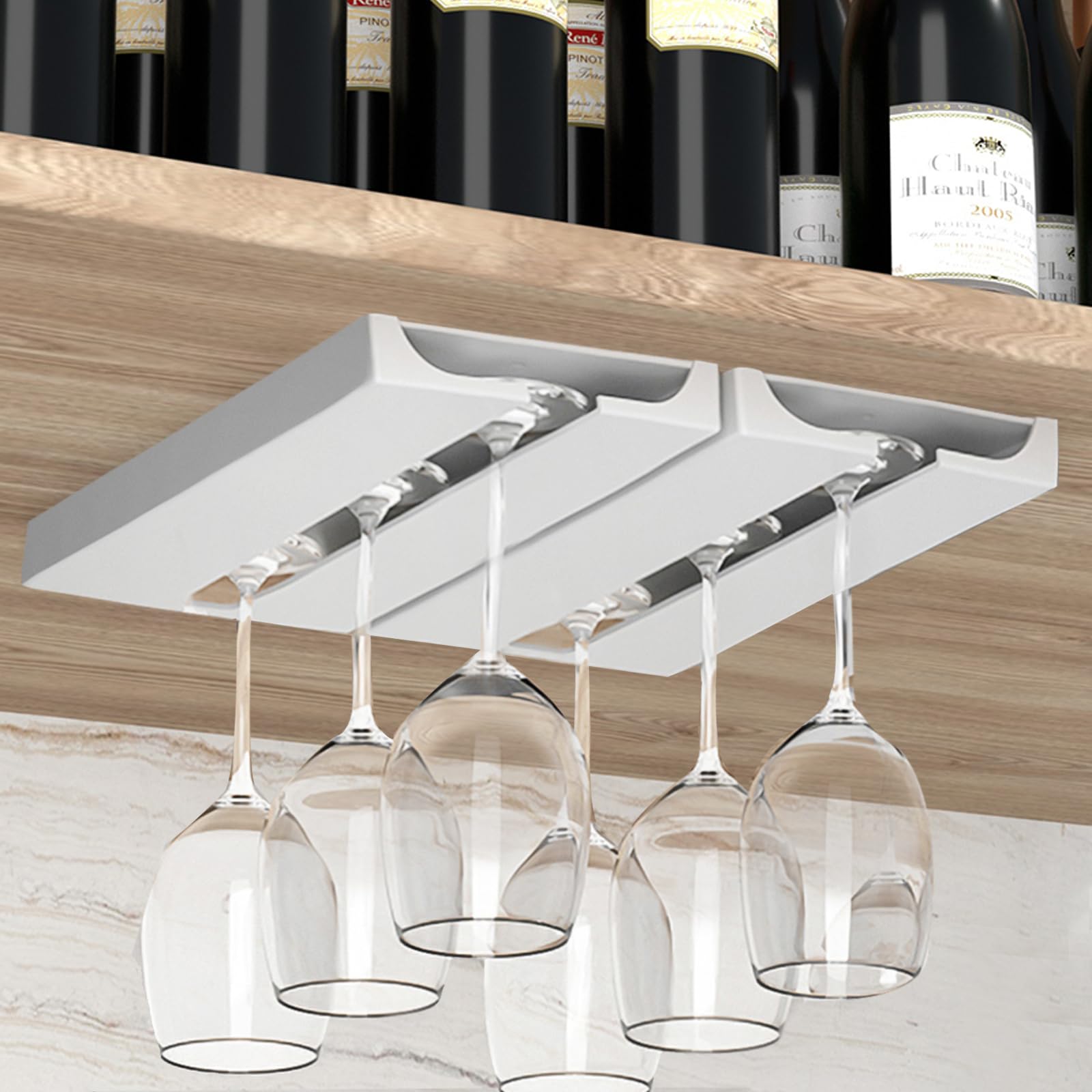 Under Cabinet Wine Glass Holder Rack - 2 Pack Stemware Storage Hanger, Self-Adhesive Plastic Organizer for Bar, Kitchen & Dining Room - No Drilling Required (White) - Perfect for Home Bars, Wine Cellars & Small Space Organization