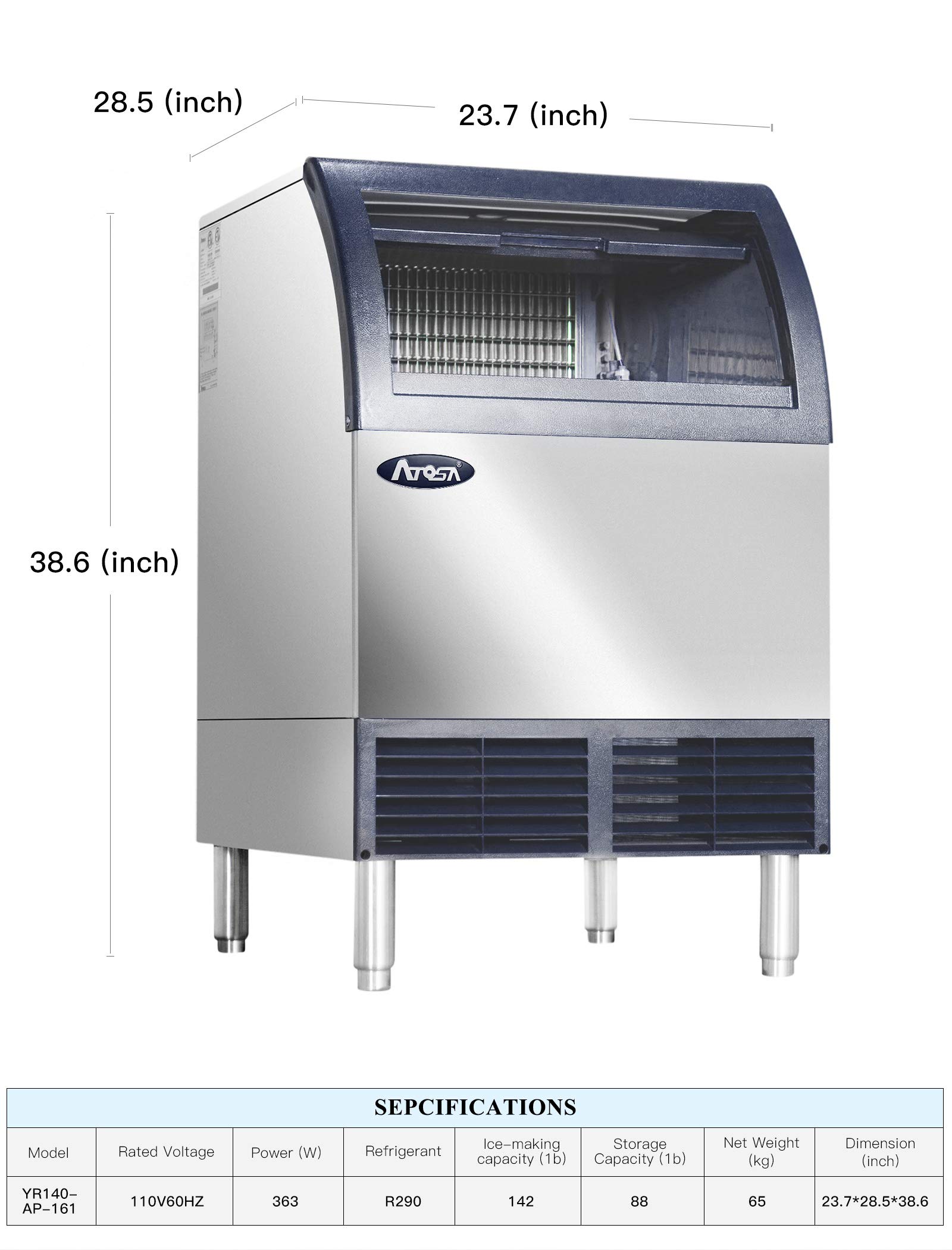 Atosa Commercial Ice Maker Machine with Bin - 142lbs/24h Stainless Steel Automatic Ice Maker for Restaurants, Bars, Cafes & Catering Services - Perfect for High-Volume Ice Production in Food Service Businesses
