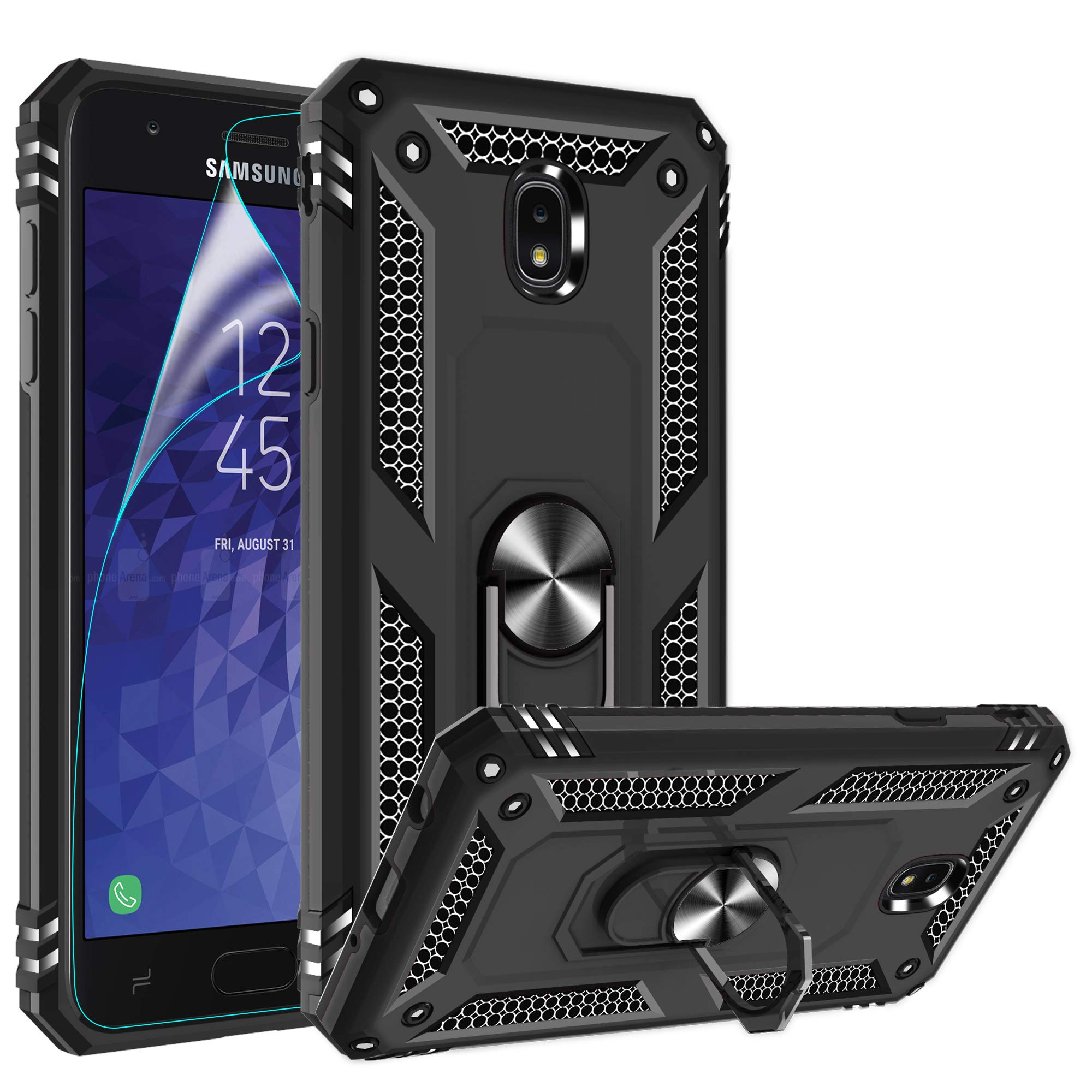 360° Rotating Metal Ring Holder Kickstand Case for Samsung Galaxy J7 2018/J7 Aero/J7 Top/J7 Crown/J7 Aura/J7 Refine/J7 Star/J7 Eon - Shockproof Protective Phone Cover with Stand - Perfect for Work, Travel & Daily Use