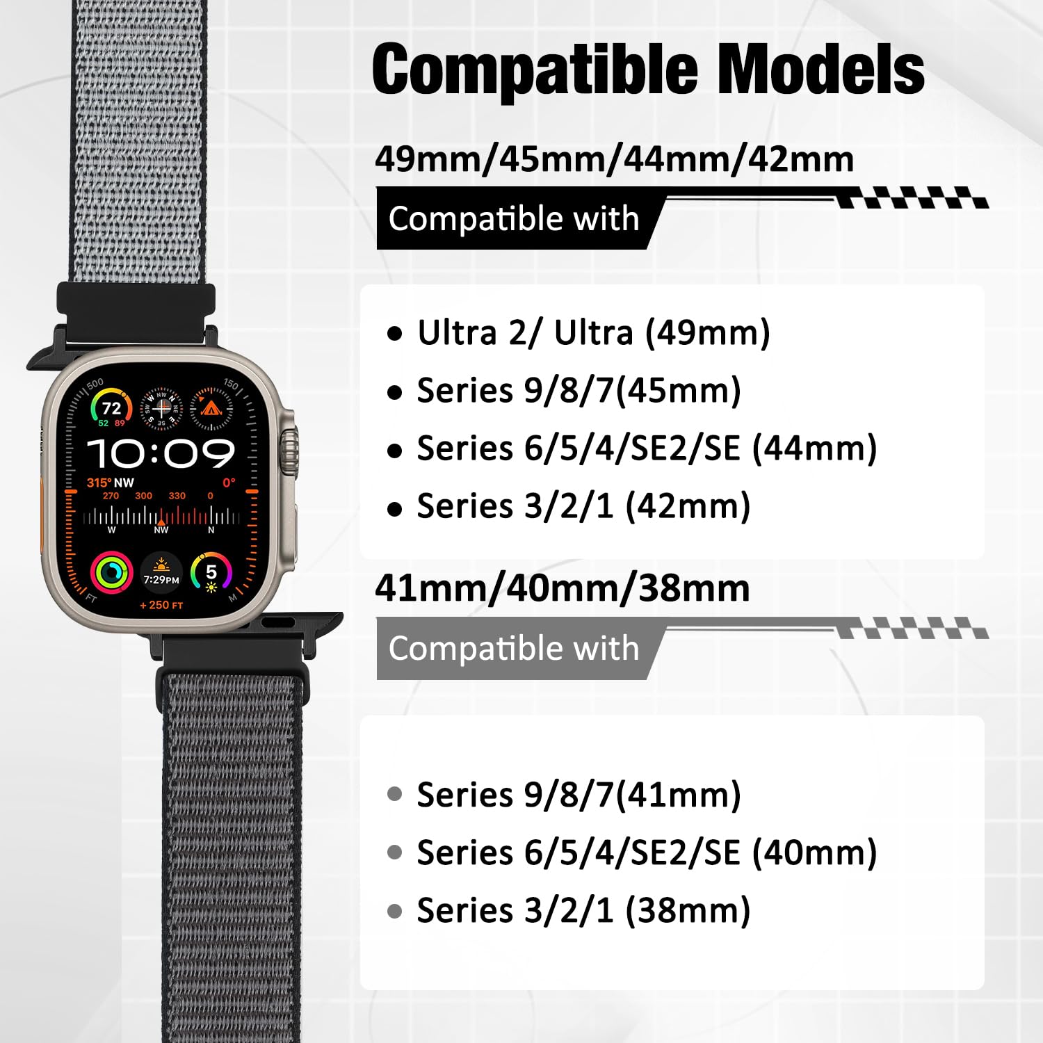 BTTNG Nylon Bands for Apple Watch - Compatible with Ultra/Ultra 2/Series SE 10 9 8 7 6 5 4 3 2 1 (49mm 45mm 44mm 42mm 41mm 40mm 38mm) - Breathable Sport Strap for Men & Women - Perfect for Running, Workouts & Everyday Use