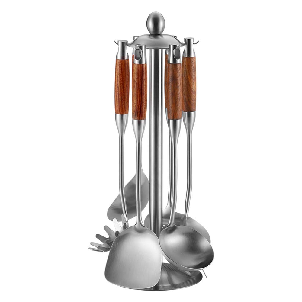 Premium 7-Piece Stainless Steel Cooking Utensil Set with Wooden Handles - Heat Resistant Kitchen Tools (Spoon, Spatula, Spaghetti Server) - Perfect for Sauteing, Stir-Frying & Serving Pasta Dishes
