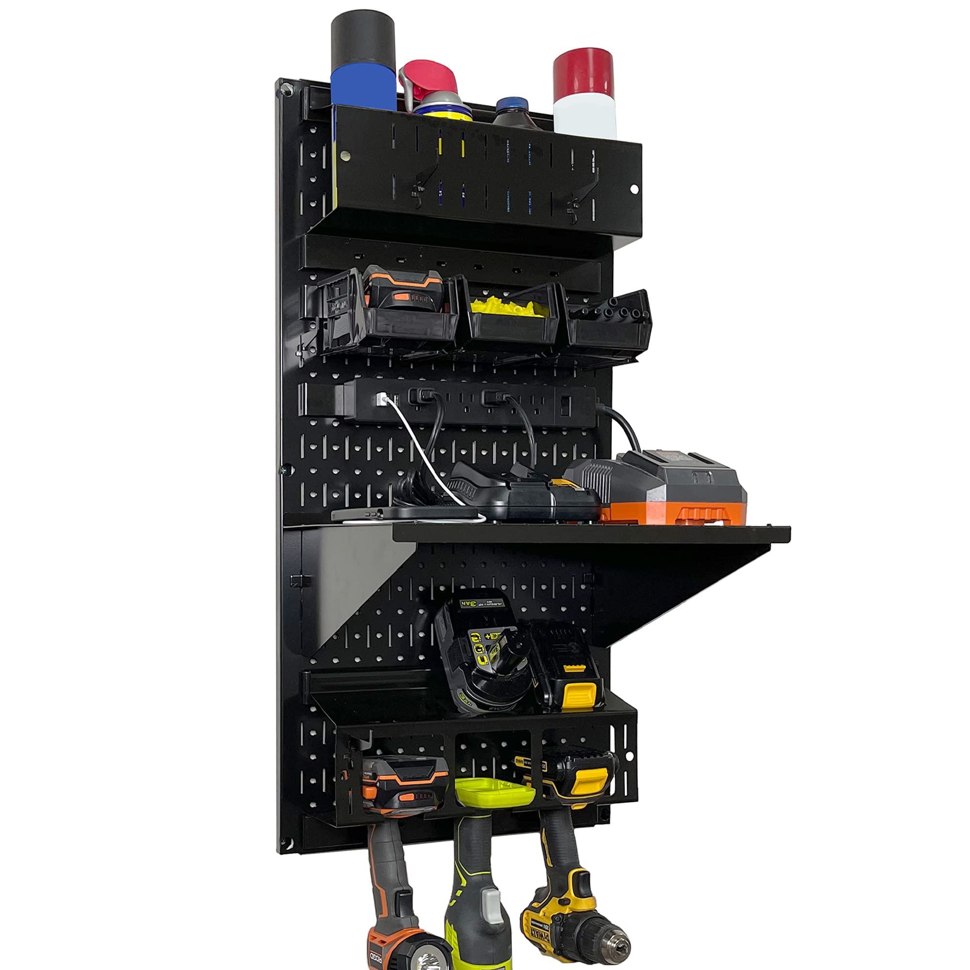 Wall Control Power Tool Storage Organizer Kit - 16”x32” Metal Pegboard System with Cordless Drill Holder & Charging Station | Garage Workshop Organization for DIY Tools (Black Pegboard)