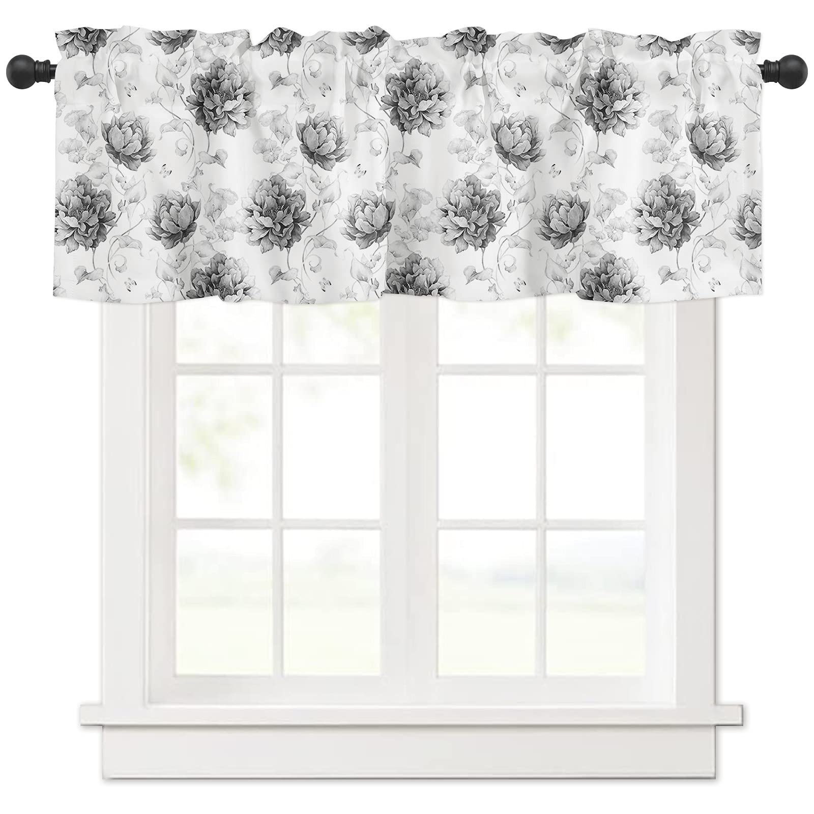 Vintage Wild Floral Window Curtain Panel - 54 x 18 Inch Black & White Washable Rod Pocket Valance for Kitchen, Bedroom, Living Room & Small Windows | Home Decor & Room Treatment