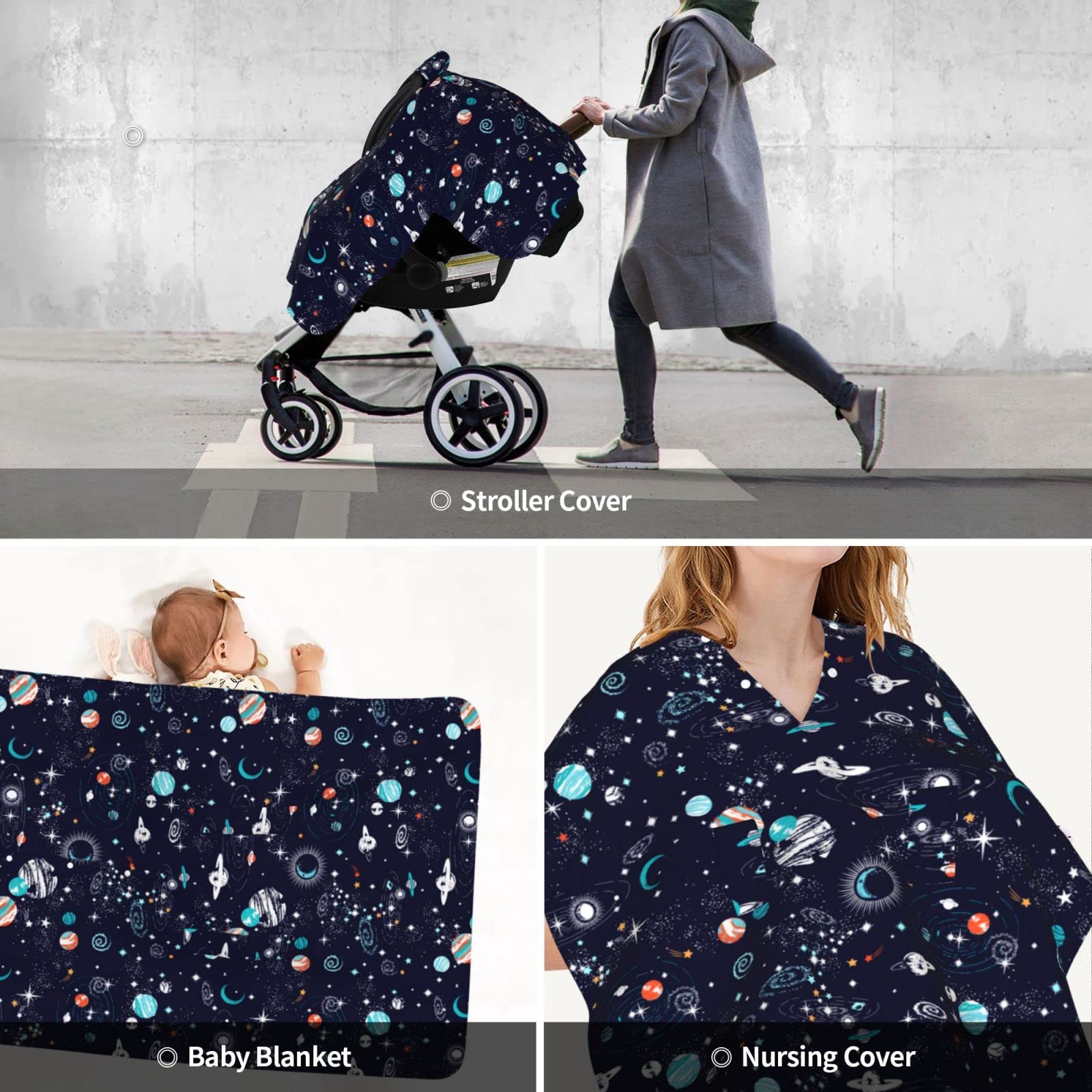 Space Themed Baby Car Seat Cover & Nursing Cover for Mom - Soft, Breathable & Stylish Baby Essentials for Boys & Girls - Perfect for Travel, Shopping & Outdoor Adventures