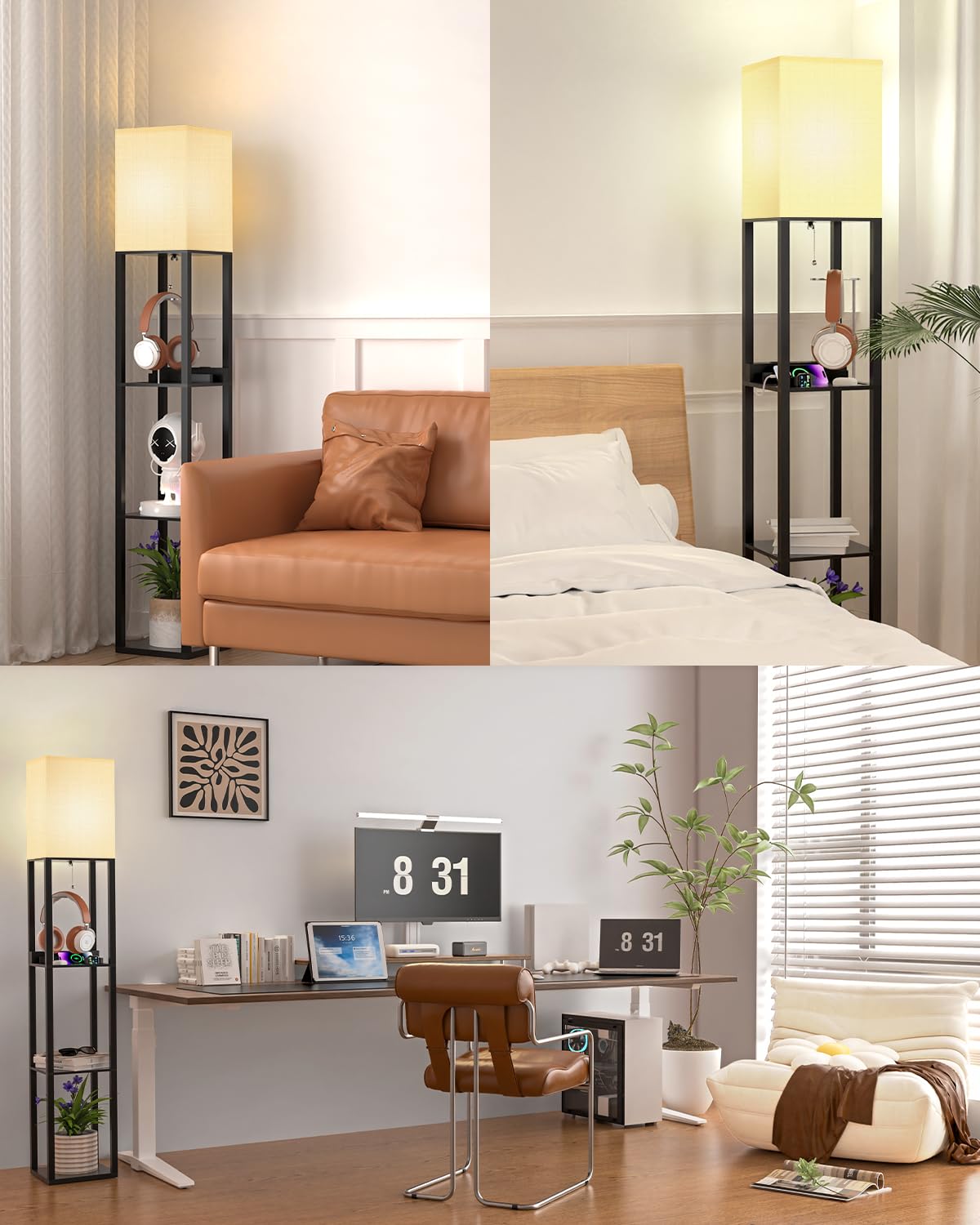 PAZZO Smart RGB Floor Lamp with Shelves - Alexa Compatible, Solid Wood Design, 2 USB Charging Ports & 1 Power Outlet - Modern Standing Lamp for Living Room, Bedroom, Office (Bulb Included, Matt Black) - Perfect for Reading, Gaming & Home Decor