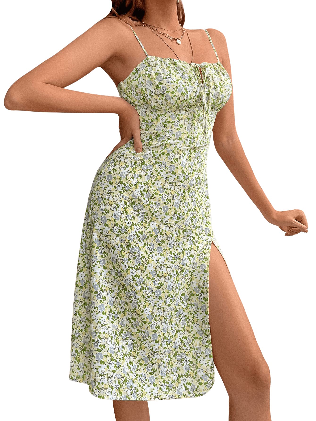 SweatyRocks Women's Floral Print Spaghetti Strap Tie Front Mini Dress with Thigh Slit - Summer Casual Sundress for Beach, Party & Date Night
