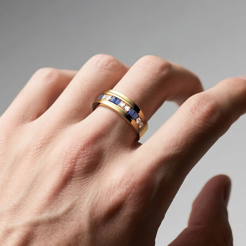 7.5mm Sapphire and Moissanite Men's Wedding Band Ring - Durable Luxury Wedding Ring for Men, Perfect for Engagement, Anniversary and Special Occasions