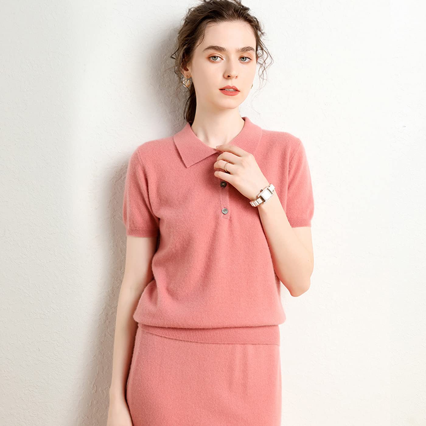 100% Pure Cashmere Women's Short Sleeve Polo Sweater - Soft & Luxurious Essential Pullover (Pink, Medium) | Perfect for Office Wear, Casual Outings & Special Occasions