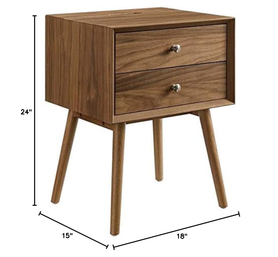 Modern Walnut Wood Nightstand with USB Ports - Stylish Bedside Table for Bedroom, Living Room & Office Storage