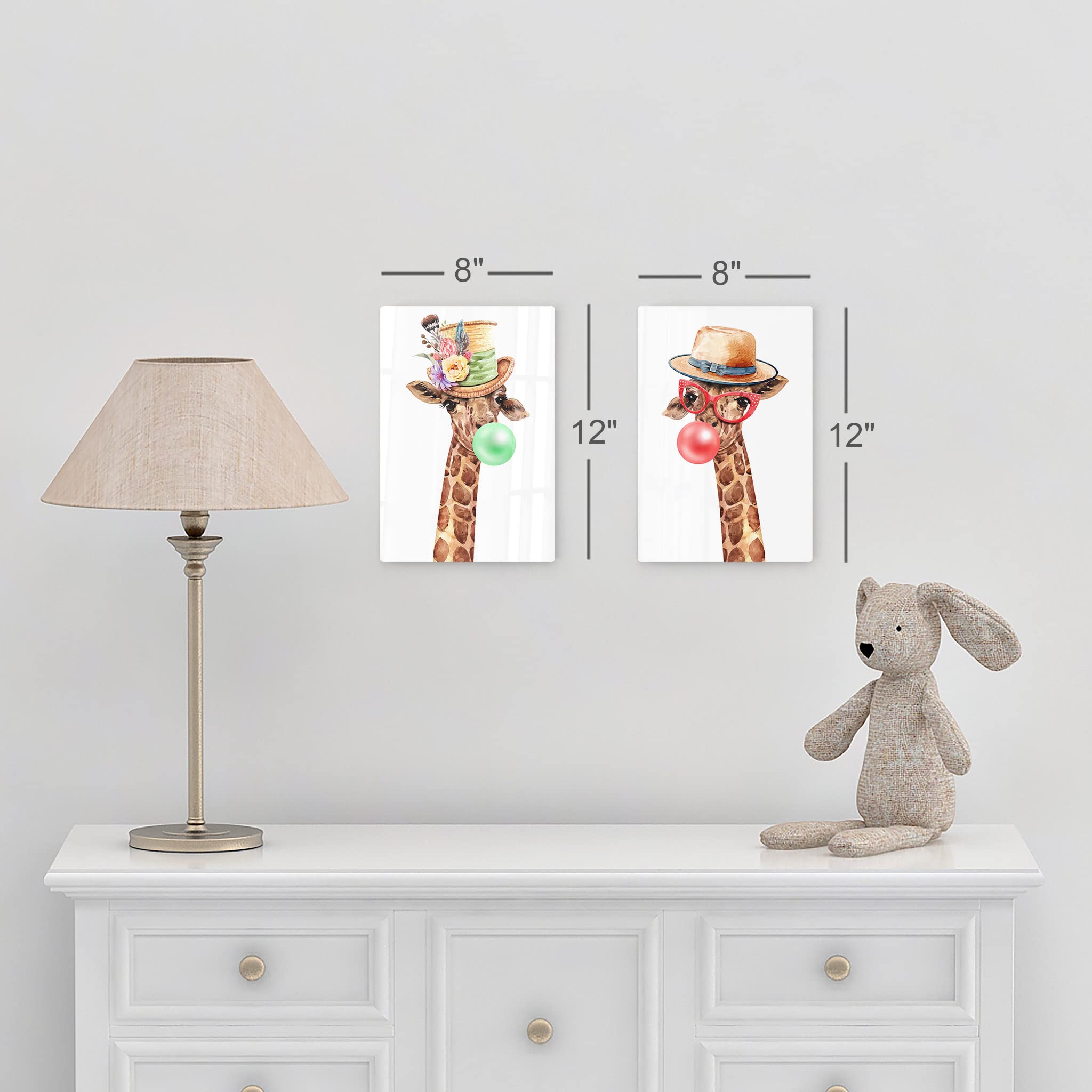 Giraffe with Flowered Hat Chewing Bubble Gum - 2 Piece Metal Wall Art Set, Animal Pop Art Decor for Living Room, Bedroom, Nursery (40x30) - Perfect for Kids Room, Baby Nursery & Modern Home Decor