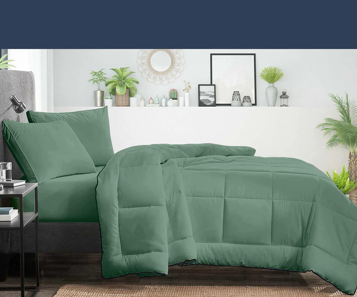 Premium 1000 TC Goose Down Alternative Comforter Set - Ultra-Soft 100% Egyptian Cotton - Full/Queen Size - All Season Comfort - Perfect for Bedroom Luxury & Hotel Style Decor (Green)