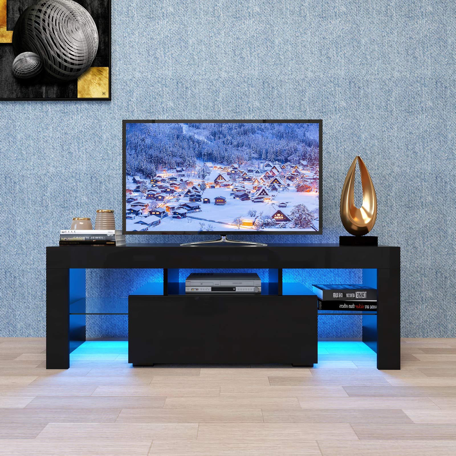 Modern TV Stand with Blue LED Lights - Glossy Entertainment Center with Shelves & Drawer, Media Storage Console Cabinet for Living Room & Bedroom - Perfect for Gaming Setup & Home Theater (Black)