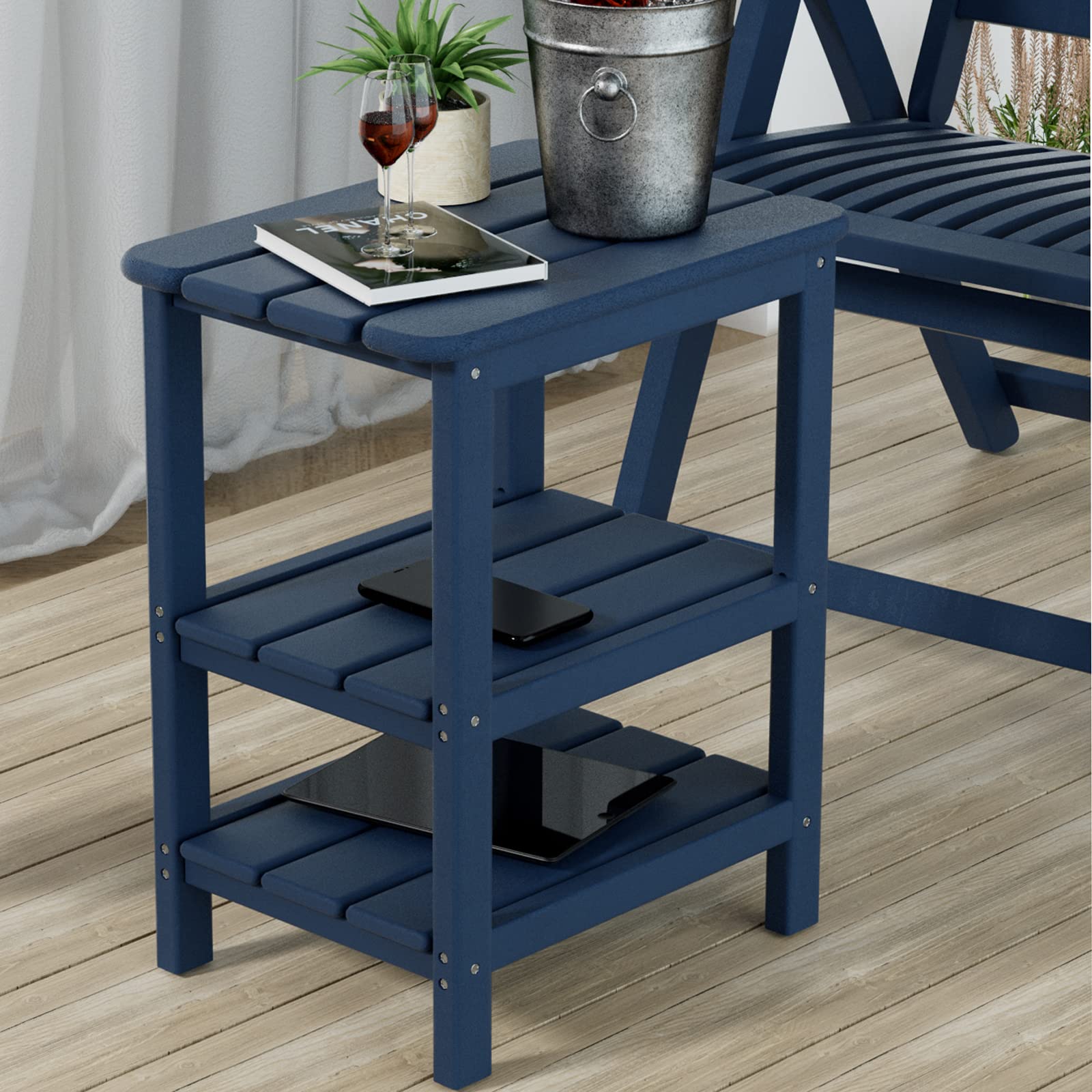 3-Tier Oversized Side Table for Outdoor & Indoor Use - Patio, Balcony, Backyard, Living Room - Navy Blue Adirondack End Table - Perfect for Drinks, Books, and Decor