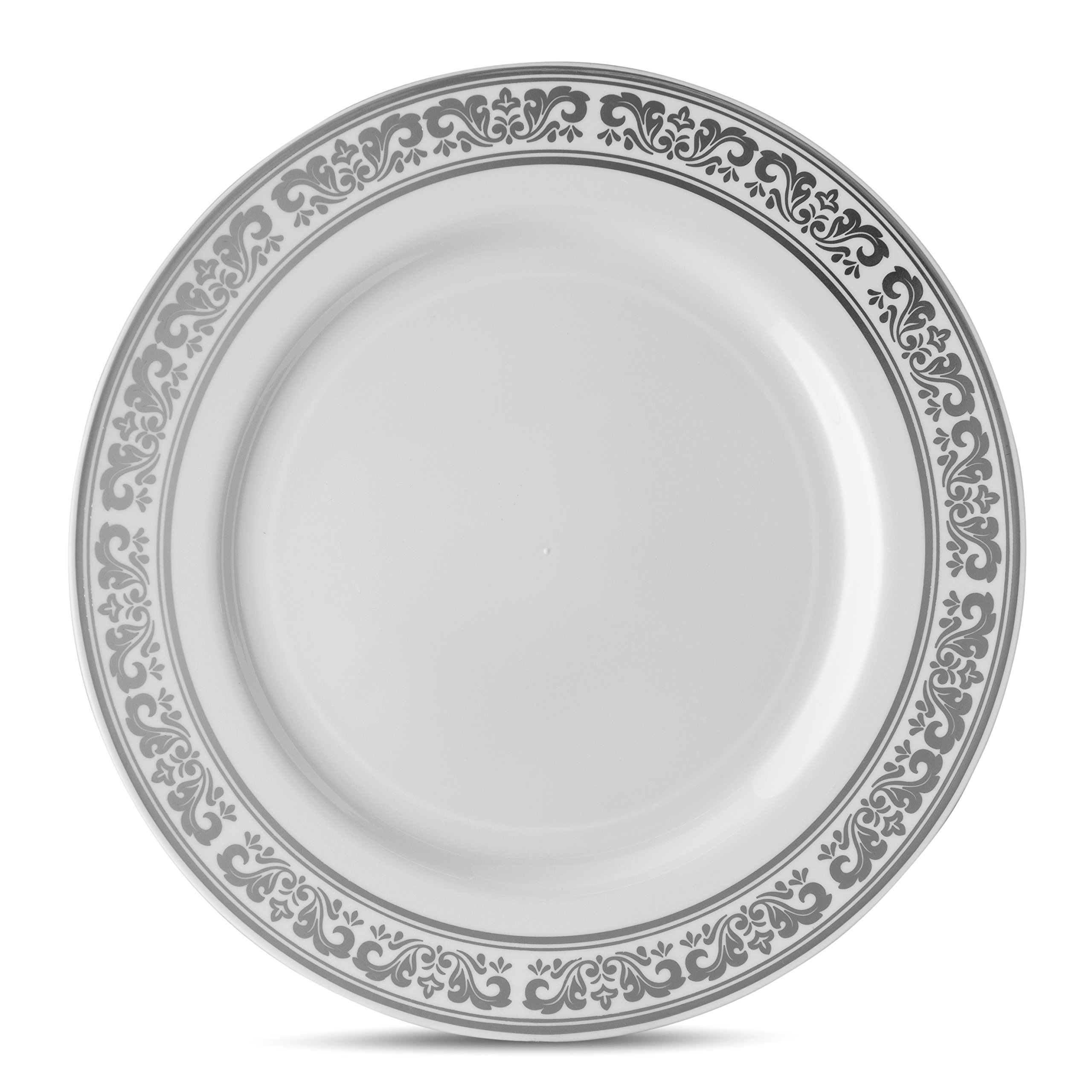 10-Pack Laura Stein Designer 9-Inch Premium Heavyweight Plastic Luncheon Plates - White with Silver Border, Elegant Disposable Tableware for Weddings, Parties & Events - Perfect for Catering, Buffets & Special Occasions