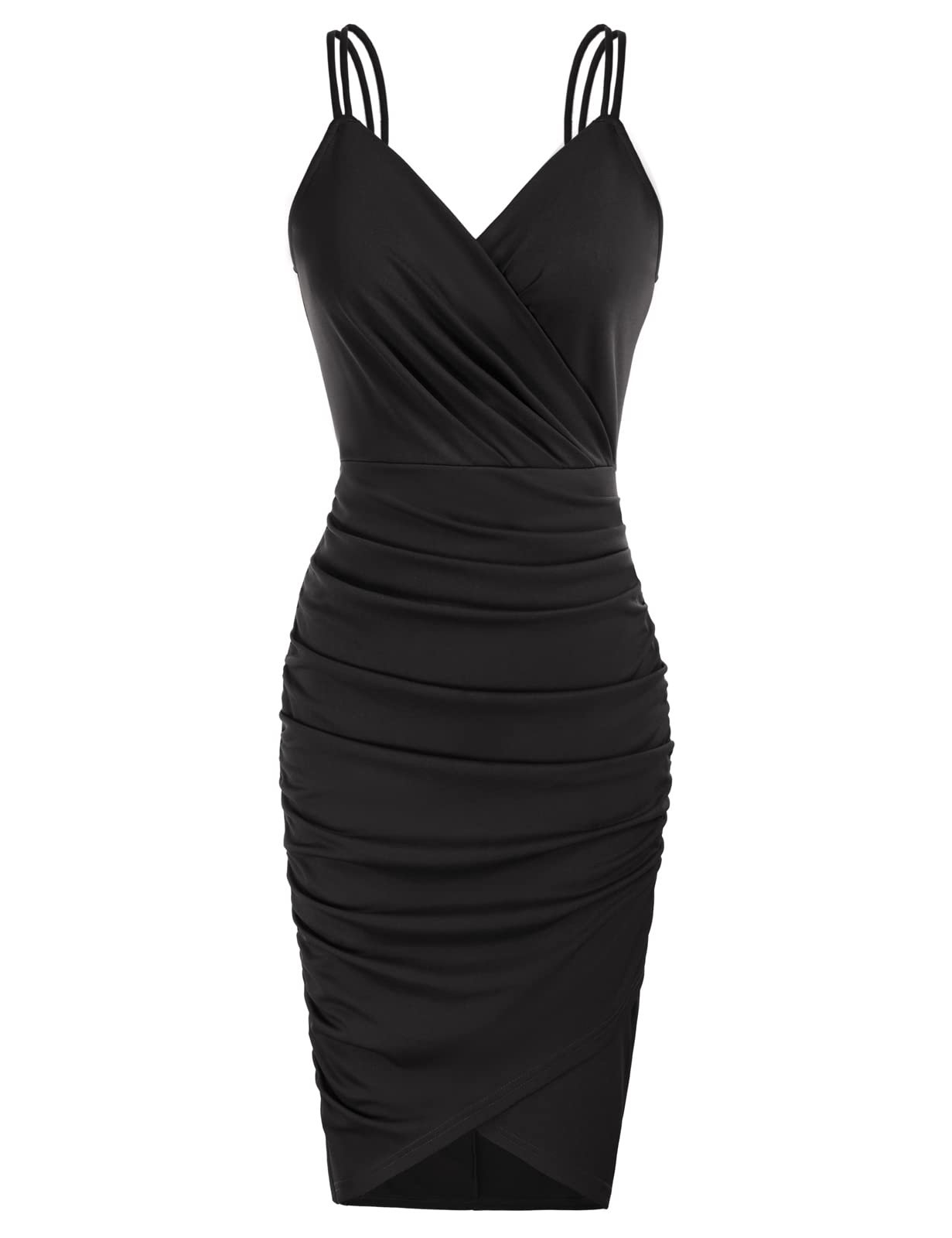 GRACE KARIN Women's Sexy Spaghetti Strap Cocktail Dress | Ruched V-Neck Bodycon Midi Dress for Wedding Guest, Party, Night Out & Special Occasions