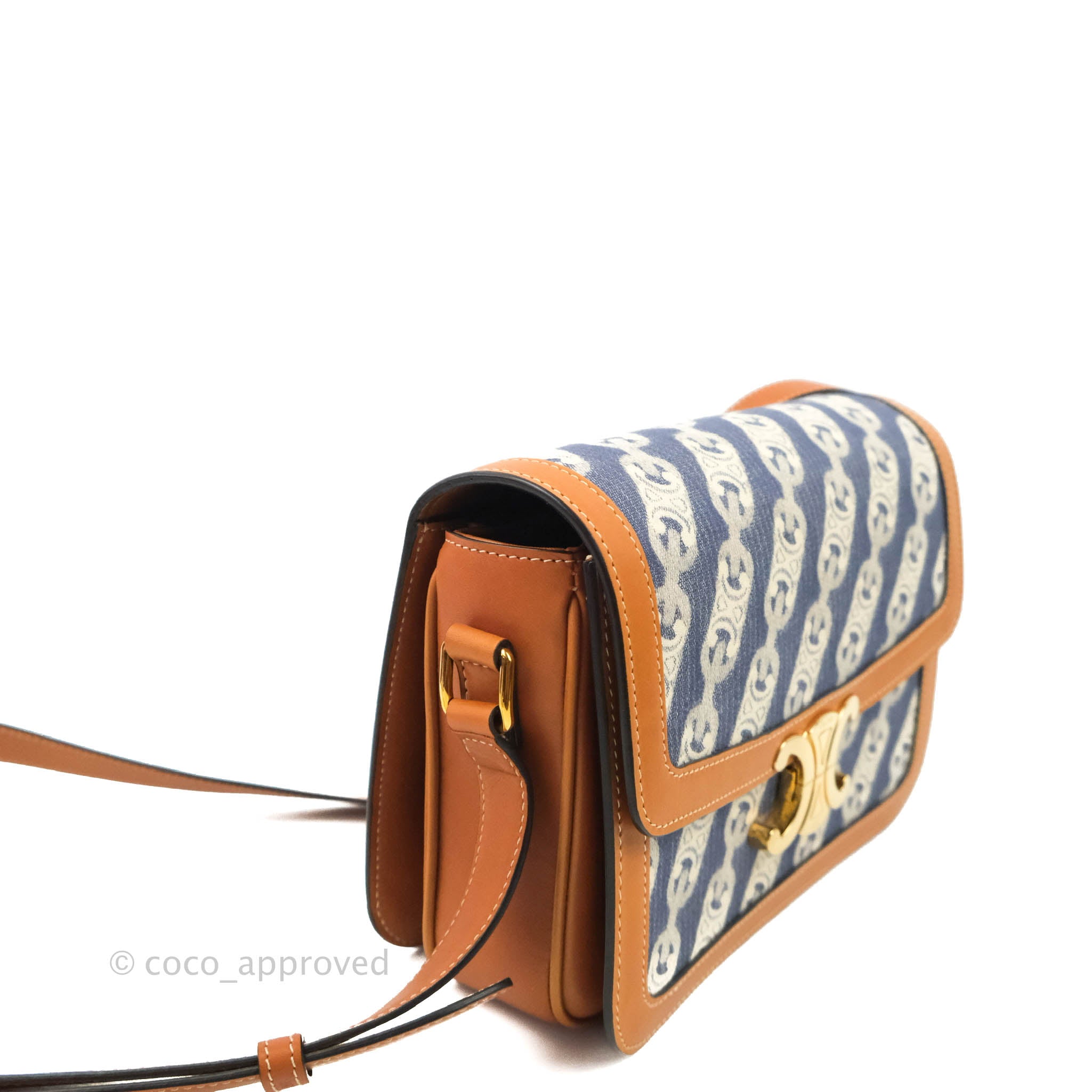 Celine Medium Triomphe Bag in Jacquard Canvas & Tan Calfskin with Chain Strap - Luxury Crossbody Purse for Women, Perfect for Work, Date Night & Travel