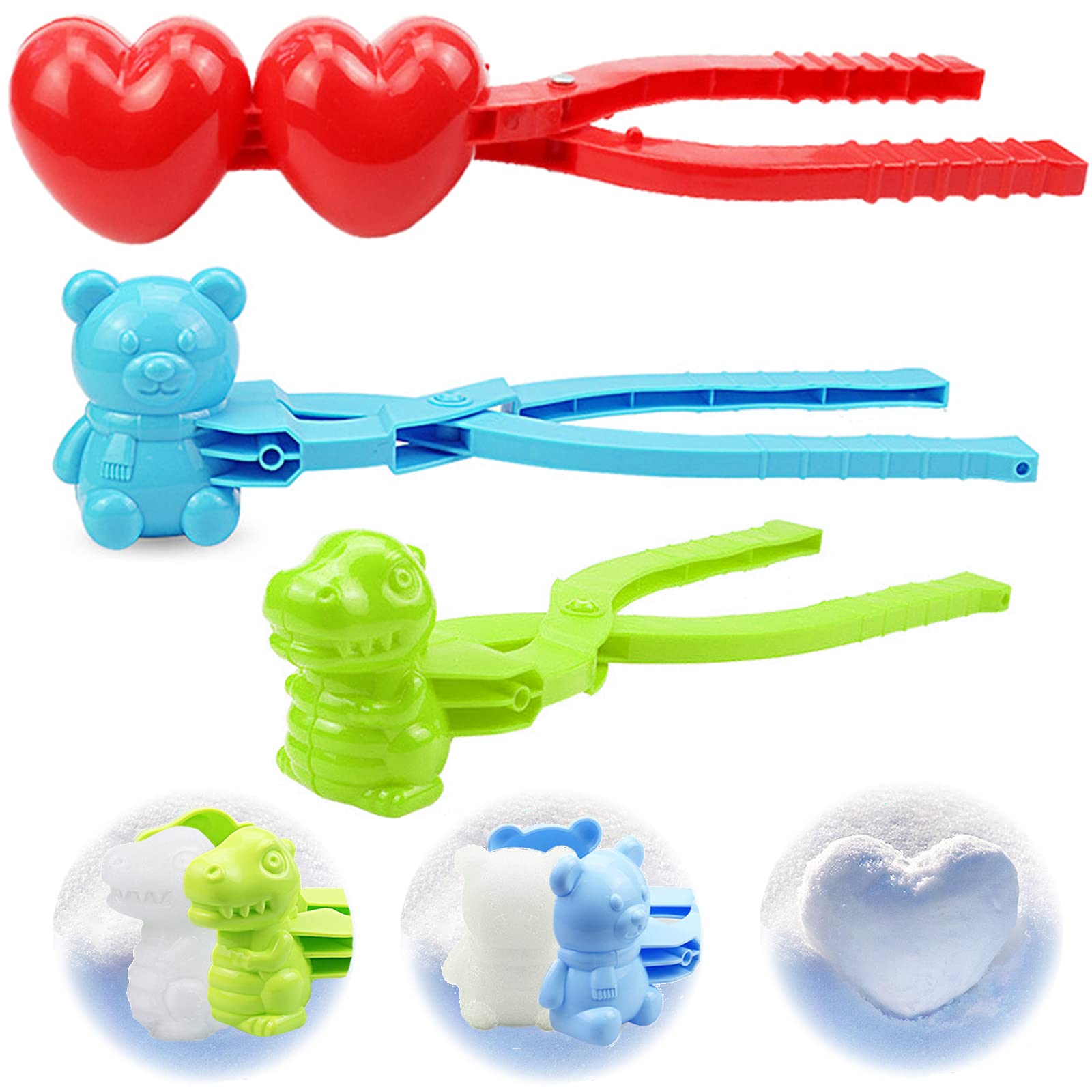 3Pcs Snowball Maker Kit - Large Double Heart, Dinosaur & Bear Molds for Kids & Adults - Winter Snowball Fight Toys for Outdoor Family Fun & Backyard Games