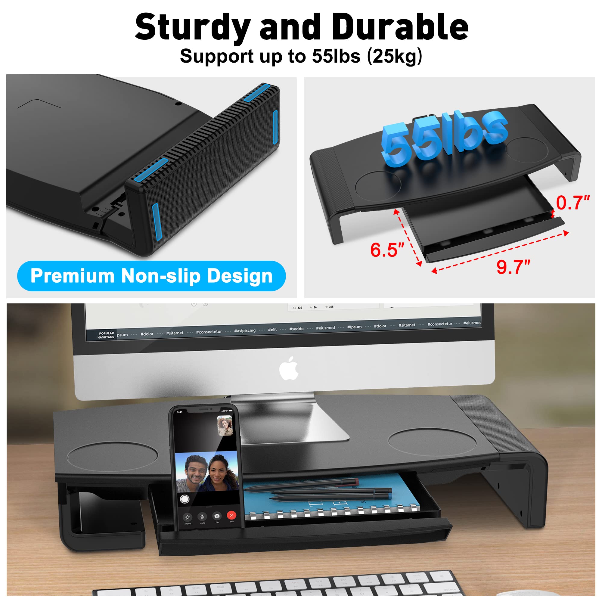AboveTEK Foldable Monitor Stand with Drawer - Adjustable Height Computer Riser for PC, Laptop, Printer | Space-Saving Desk Organizer | Perfect for Home Office, Gaming Setup & Workspace (Black)