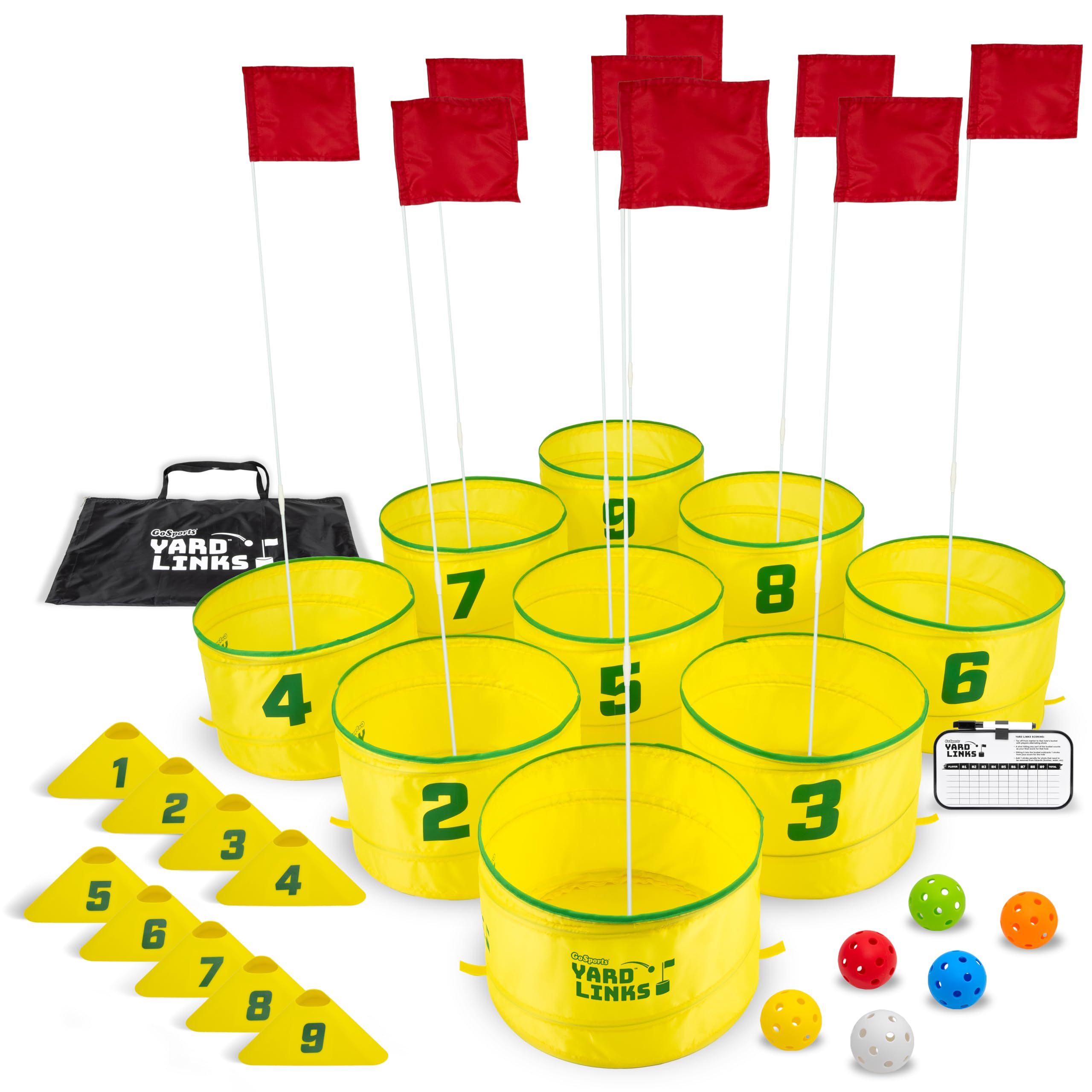 GoSports Yard Links Golf Game Set - 3, 6, or 9 Hole Backyard Golf Course with Golf Buckets, Tee Markers & Balls - Perfect for Outdoor Family Fun, Parties, and Backyard Practice
