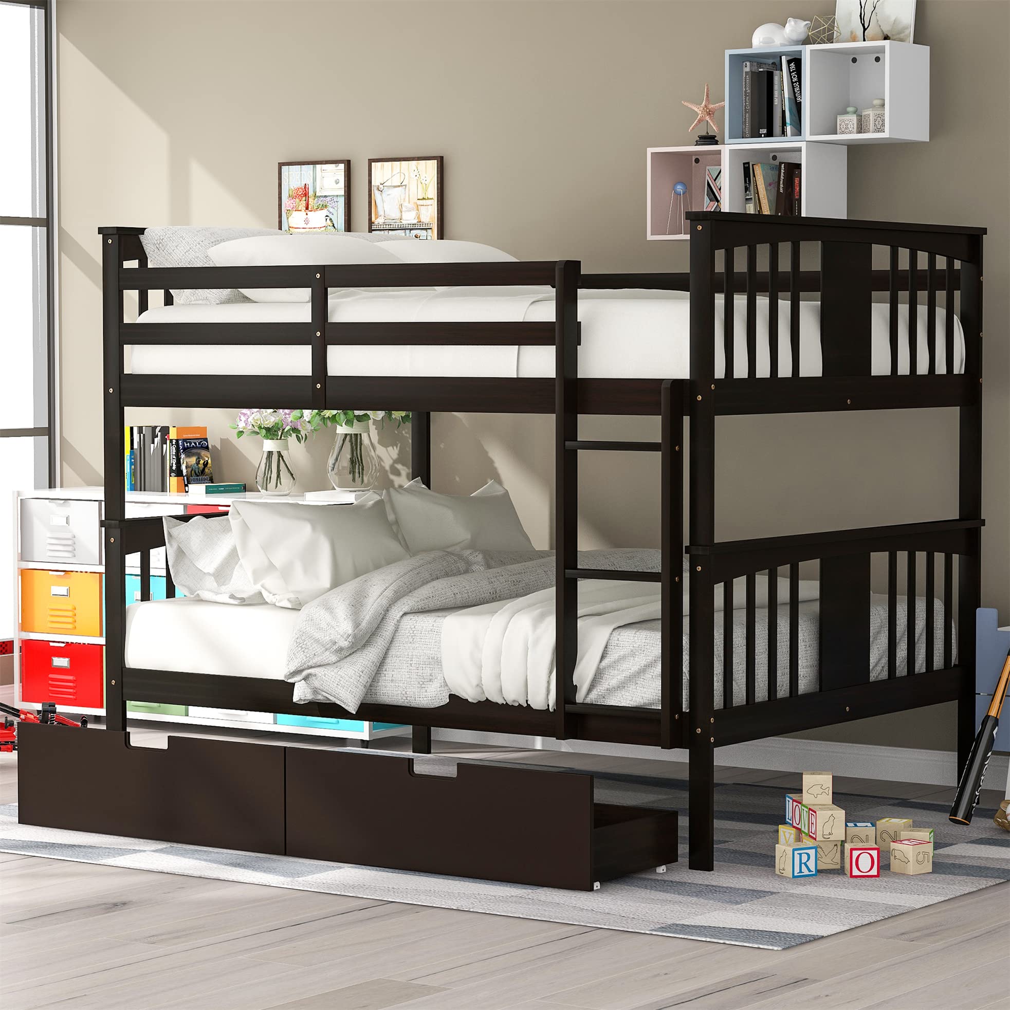 Full Over Full Bunk Bed with Storage Drawers & Safety Rail - Sturdy Wood Bunk Bed for Adults, Kids, Teens - No Box Spring Needed (Espresso Finish) - Perfect for Small Bedrooms, Guest Rooms & Vacation Homes