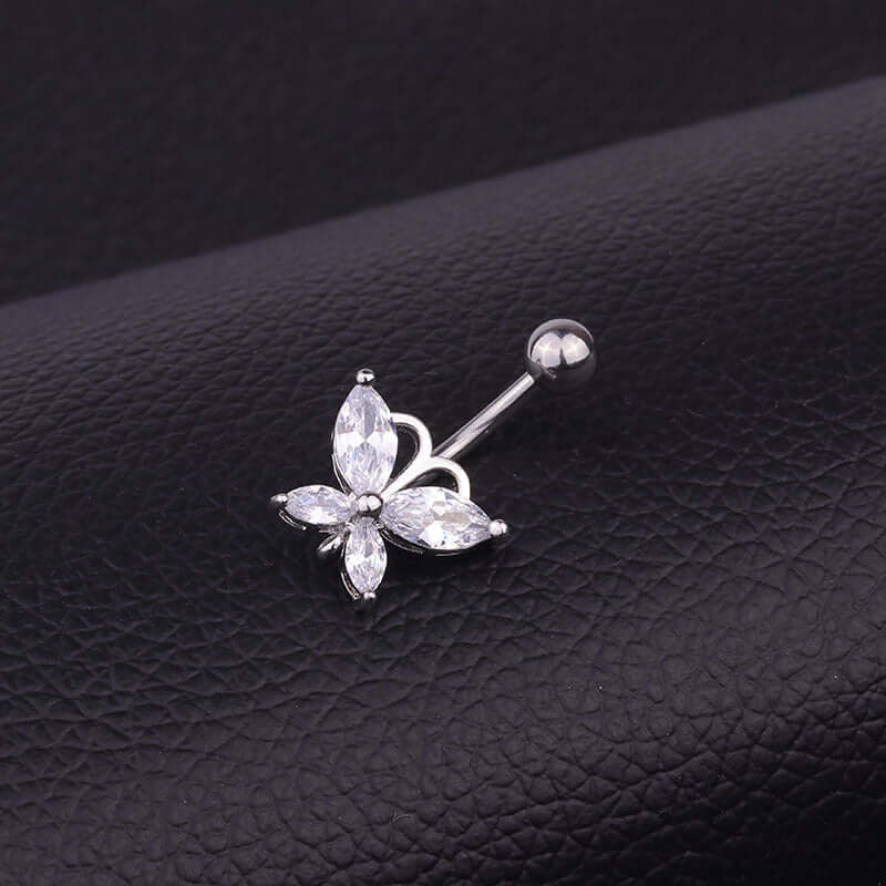 Surgical Steel Butterfly Belly Button Ring - Dangle Navel Piercing Jewelry for Women | HSBJ1709110 | Perfect for Summer Beach Wear & Belly Dance Outfits