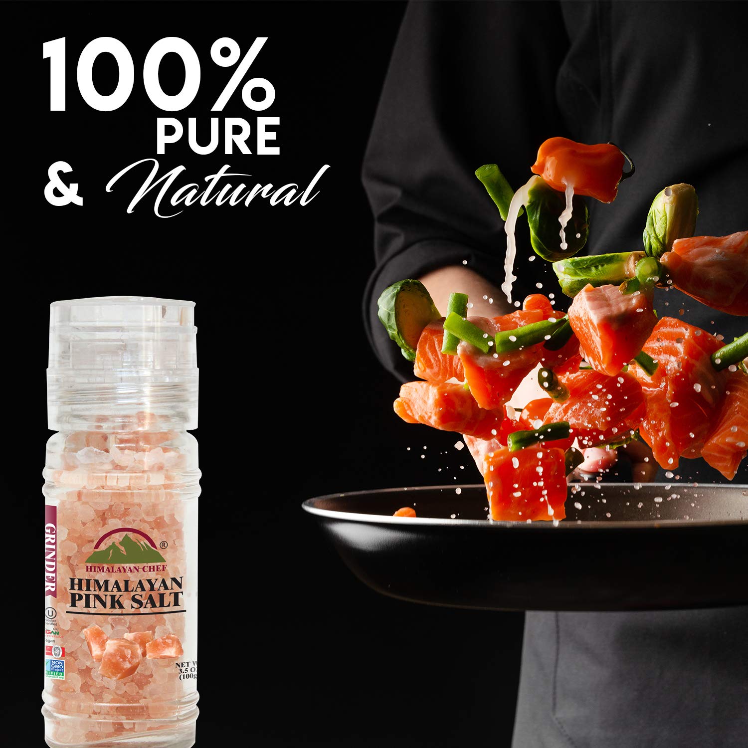 Premium Himalayan Pink Salt & Black Pepper Grinder Set - Refillable Glass Bottle, Easy-to-Use & Vegan Kosher Certified | Perfect for Cooking, Seasoning & Tabletop Use | Set of 2