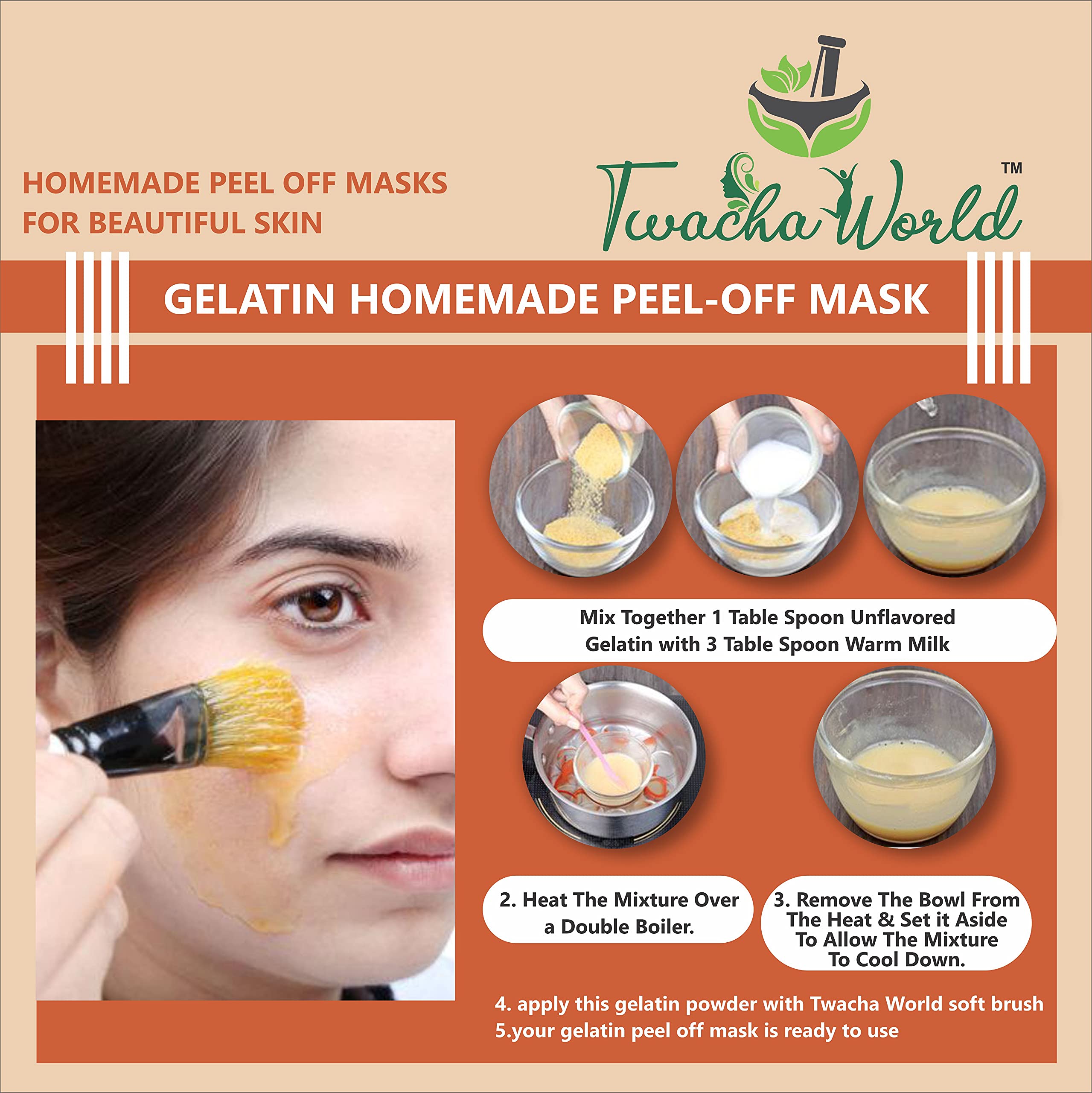 Twacha World Gelatin Powder for DIY Face Mask, Hair Removal & Peel Off Mask - 25g Skin Care Treatment for Glowing Skin & Smooth Hair at Home